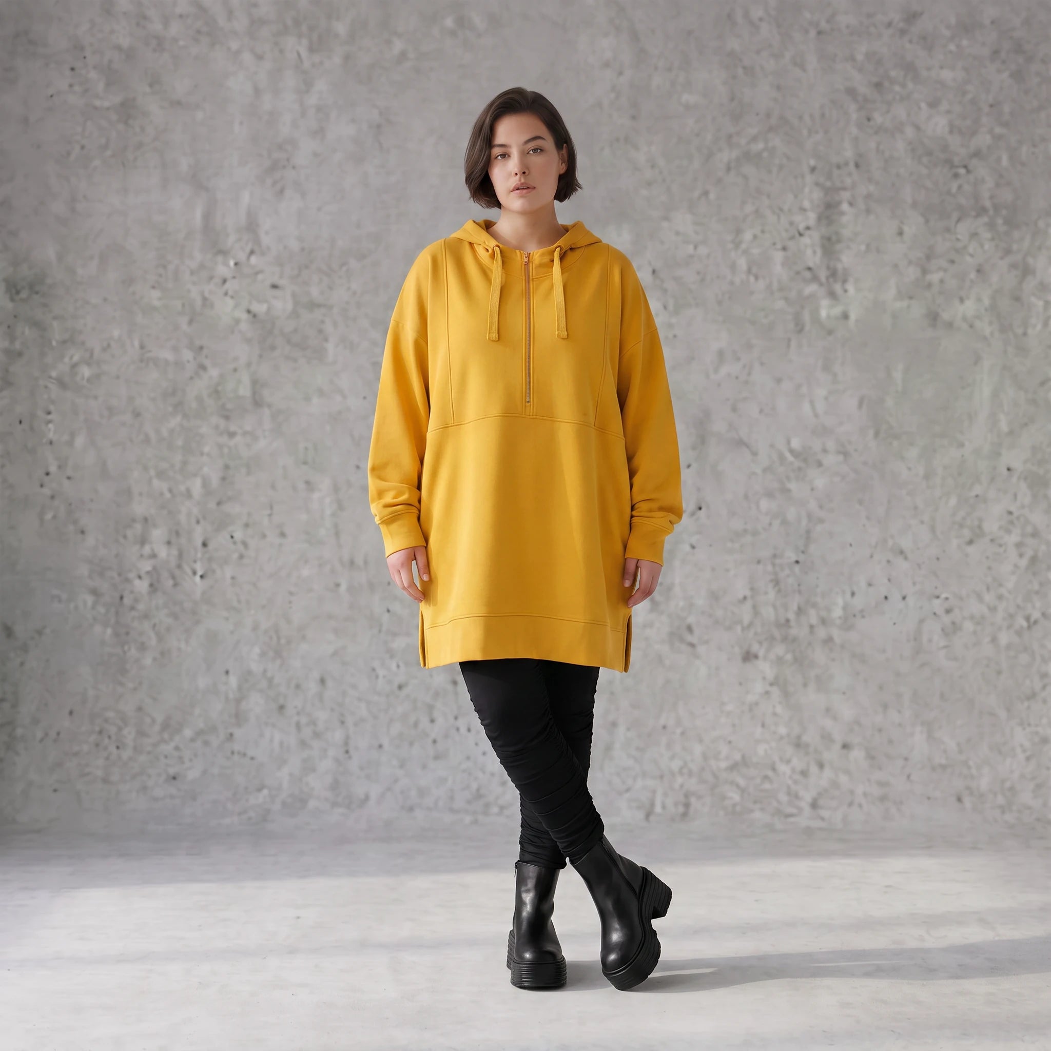 Damen Hoody Avantgarde Baumwolle Gelb, gerader Schnitt, Kapuze, Oversize große Größen – Rafay