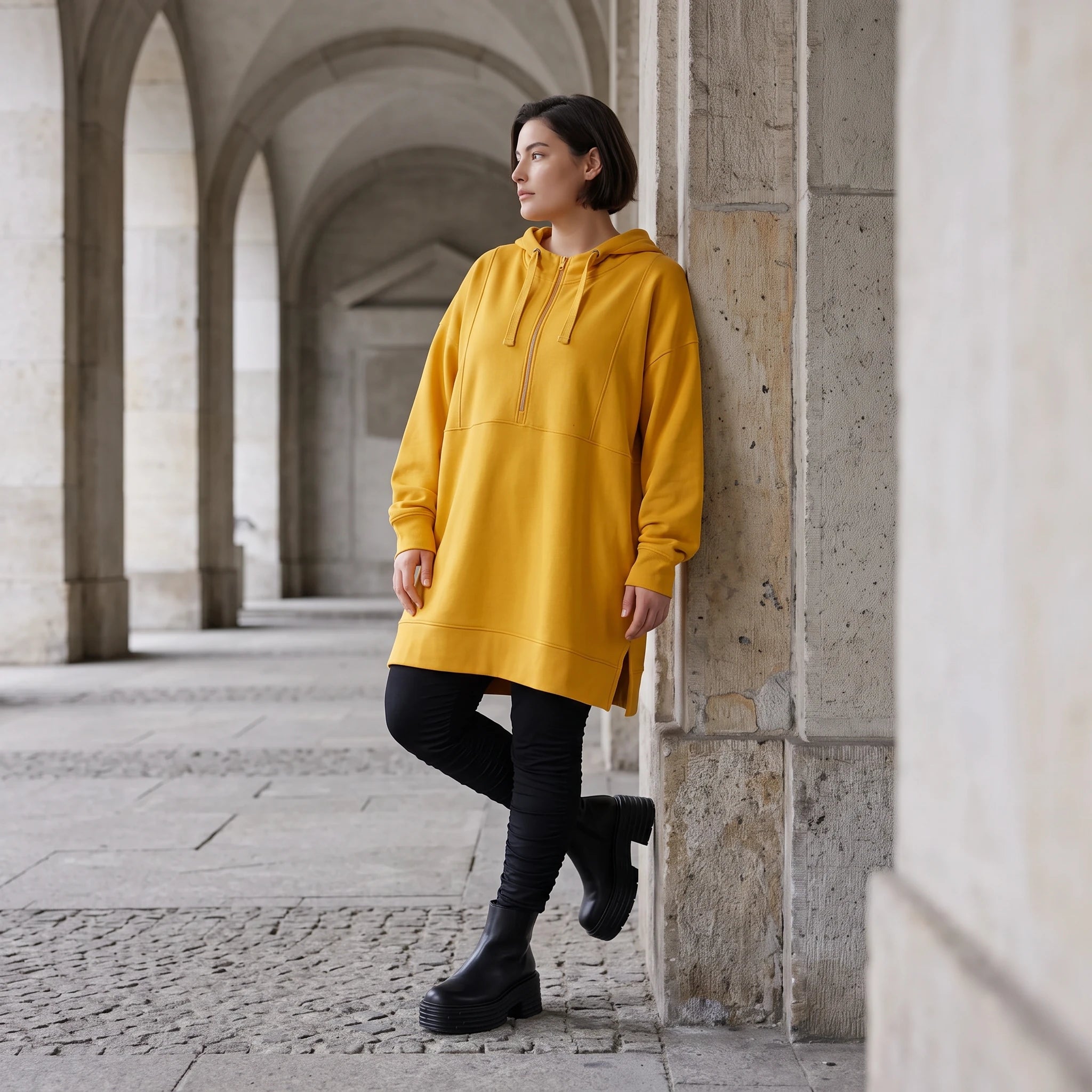 Damen Hoody Avantgarde Baumwolle Gelb, gerader Schnitt, Kapuze, Oversize große Größen – Rafay