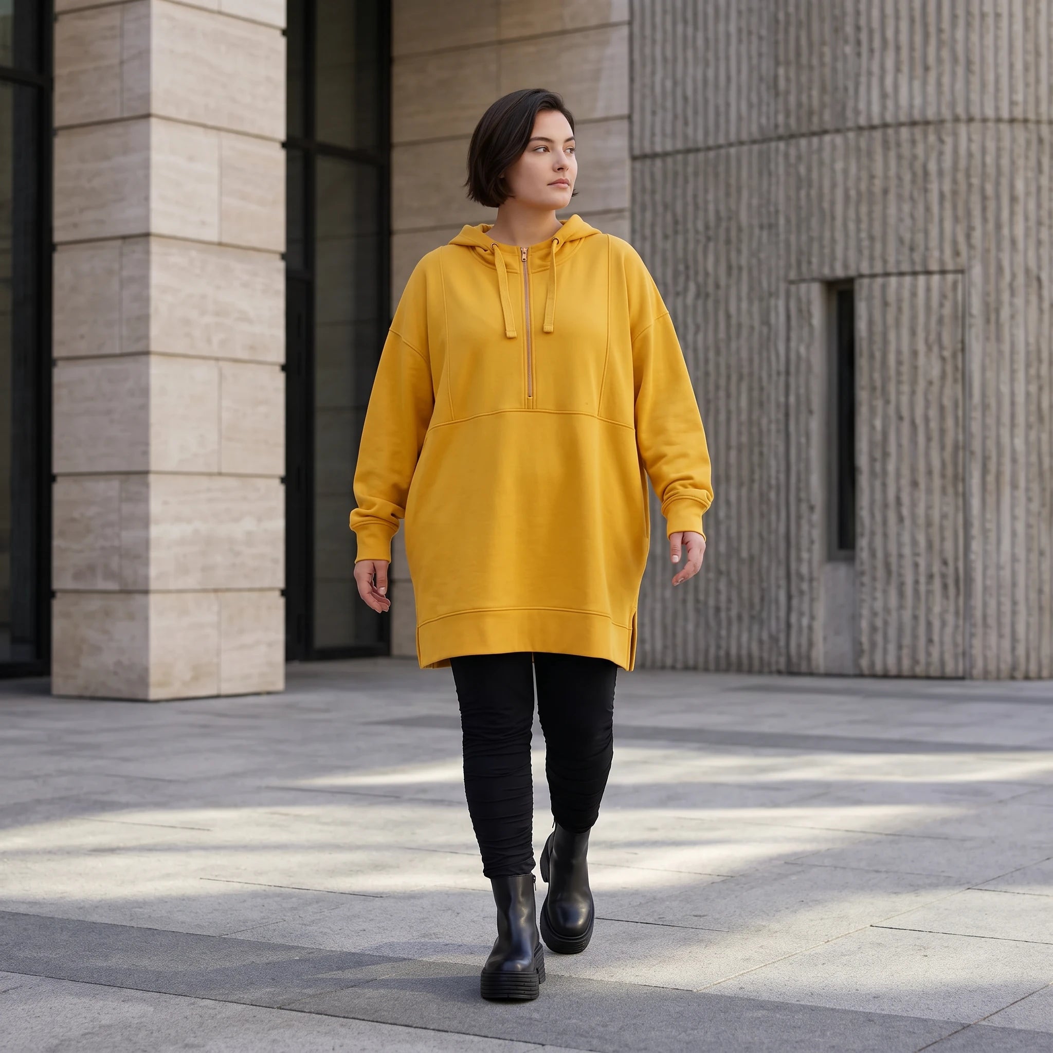 Damen Hoody Avantgarde Baumwolle Gelb, gerader Schnitt, Kapuze, Oversize große Größen – Rafay