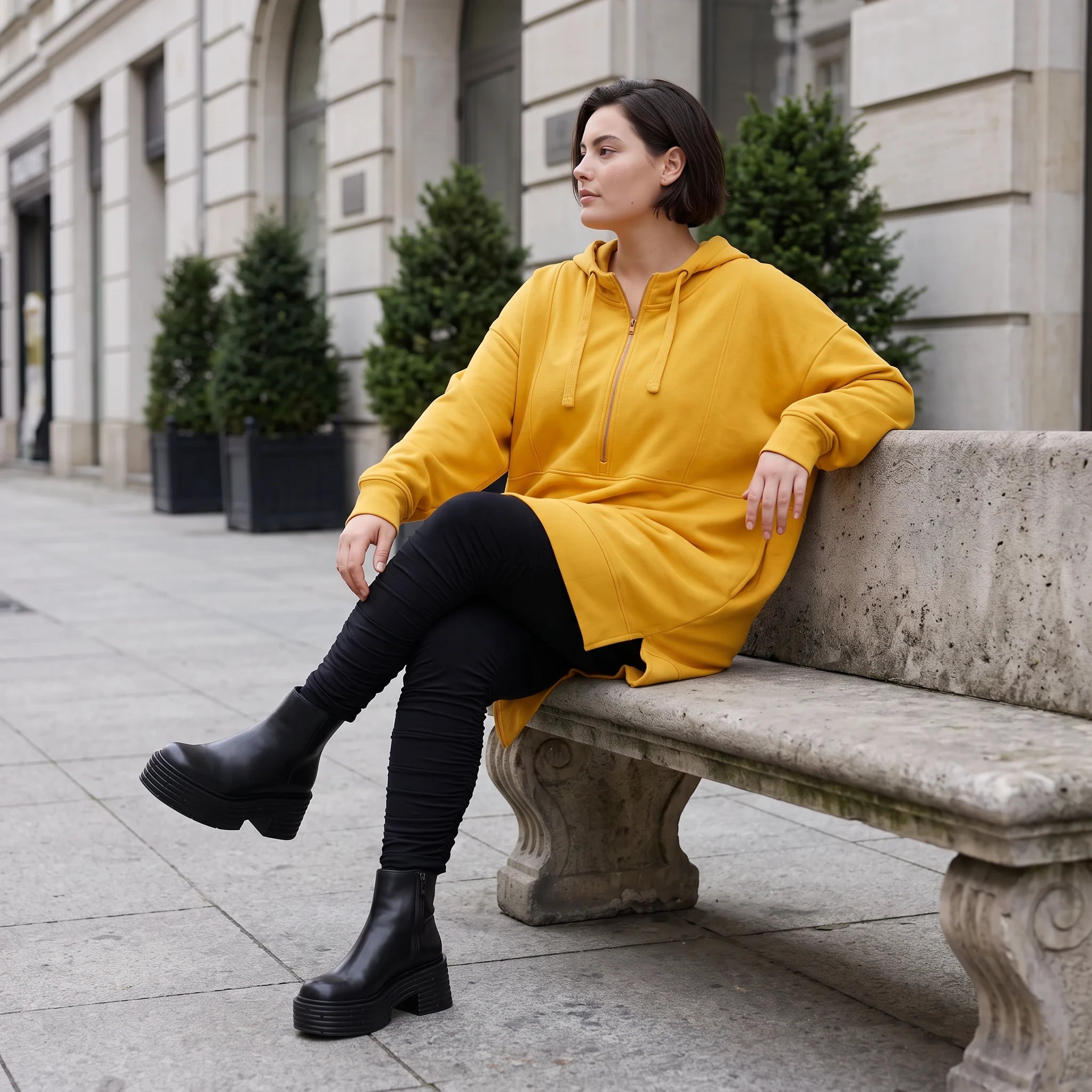 Damen Hoody Avantgarde Baumwolle Gelb, gerader Schnitt, Kapuze, Oversize große Größen – Rafay