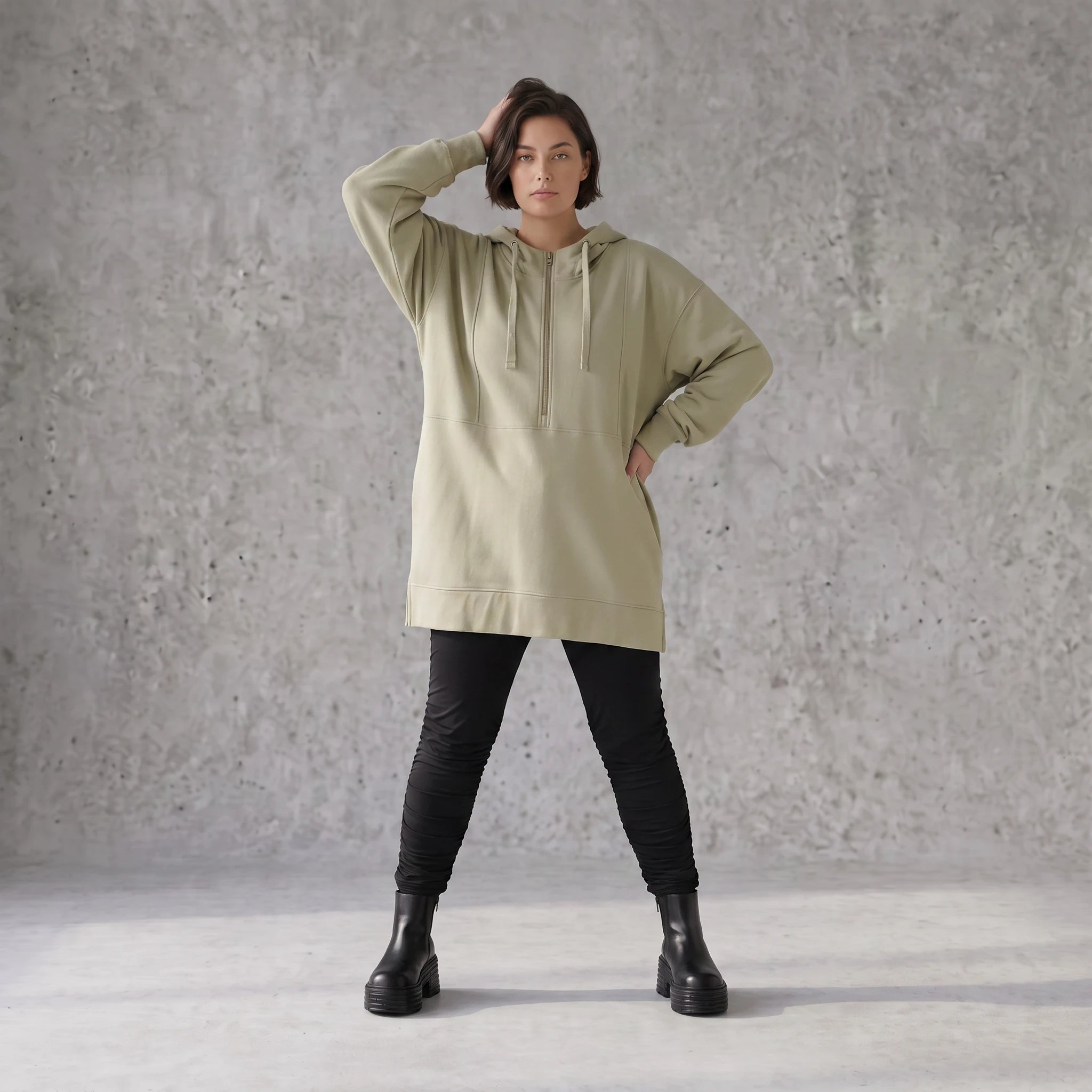 Damen Hoody Avantgarde Baumwolle Beige, gerade Form, Reißverschluss, Oversize große Größen – Rafay