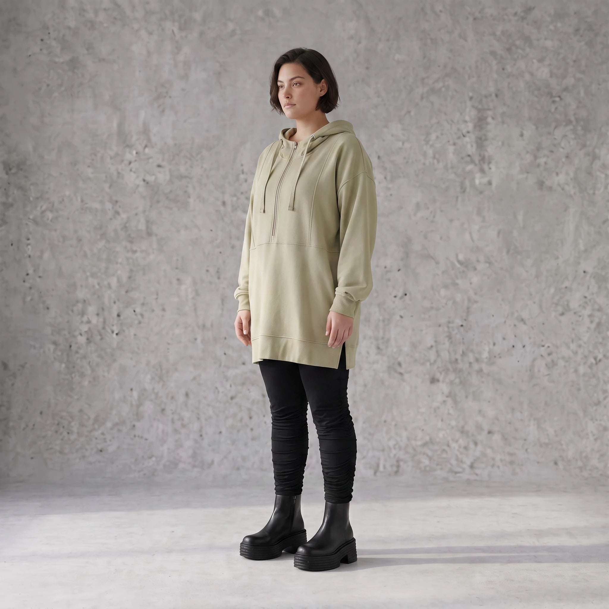 Damen Hoody Avantgarde Baumwolle Beige, gerade Form, Reißverschluss, Oversize große Größen – Rafay