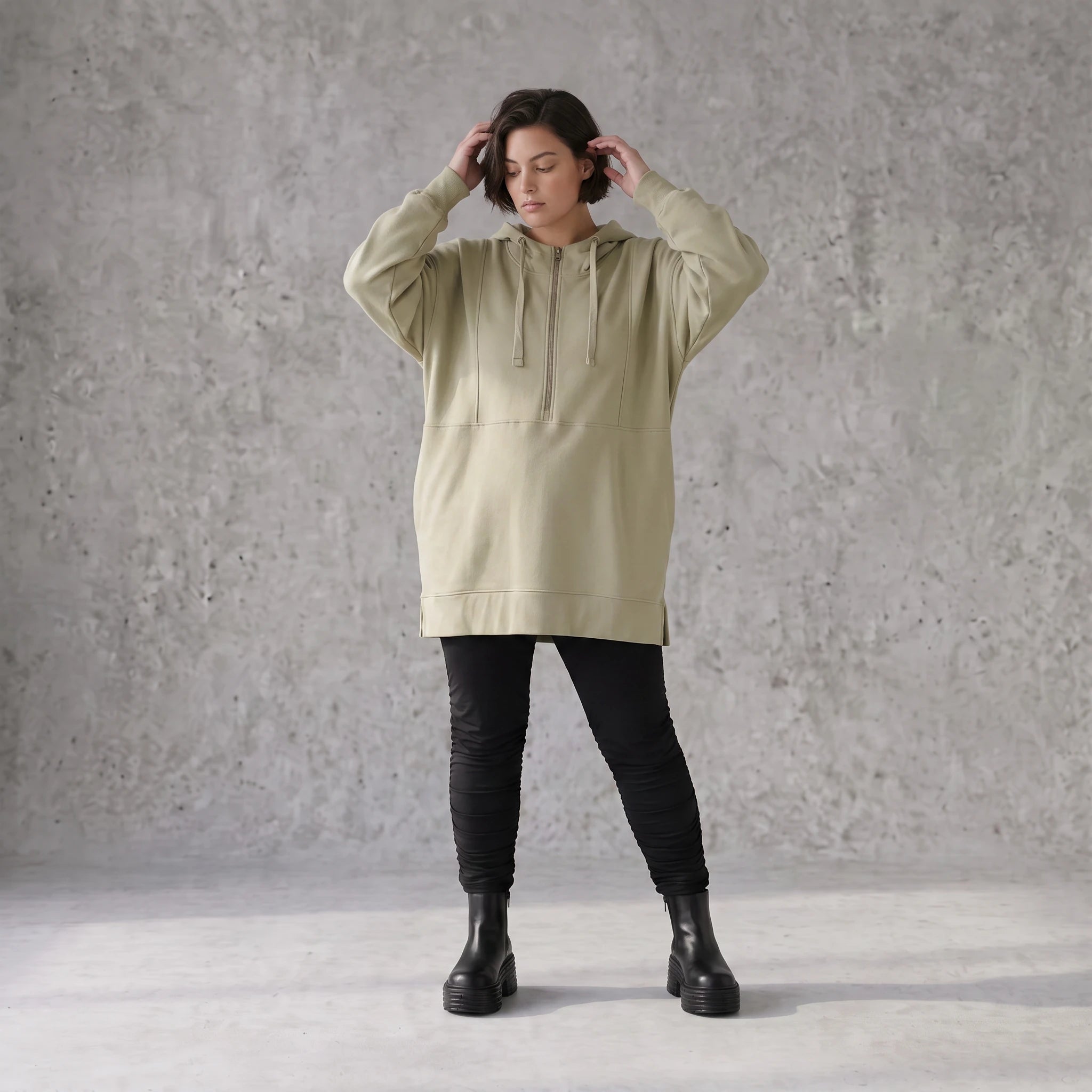 Damen Hoody Avantgarde Baumwolle Beige, gerade Form, Reißverschluss, Oversize große Größen – Rafay