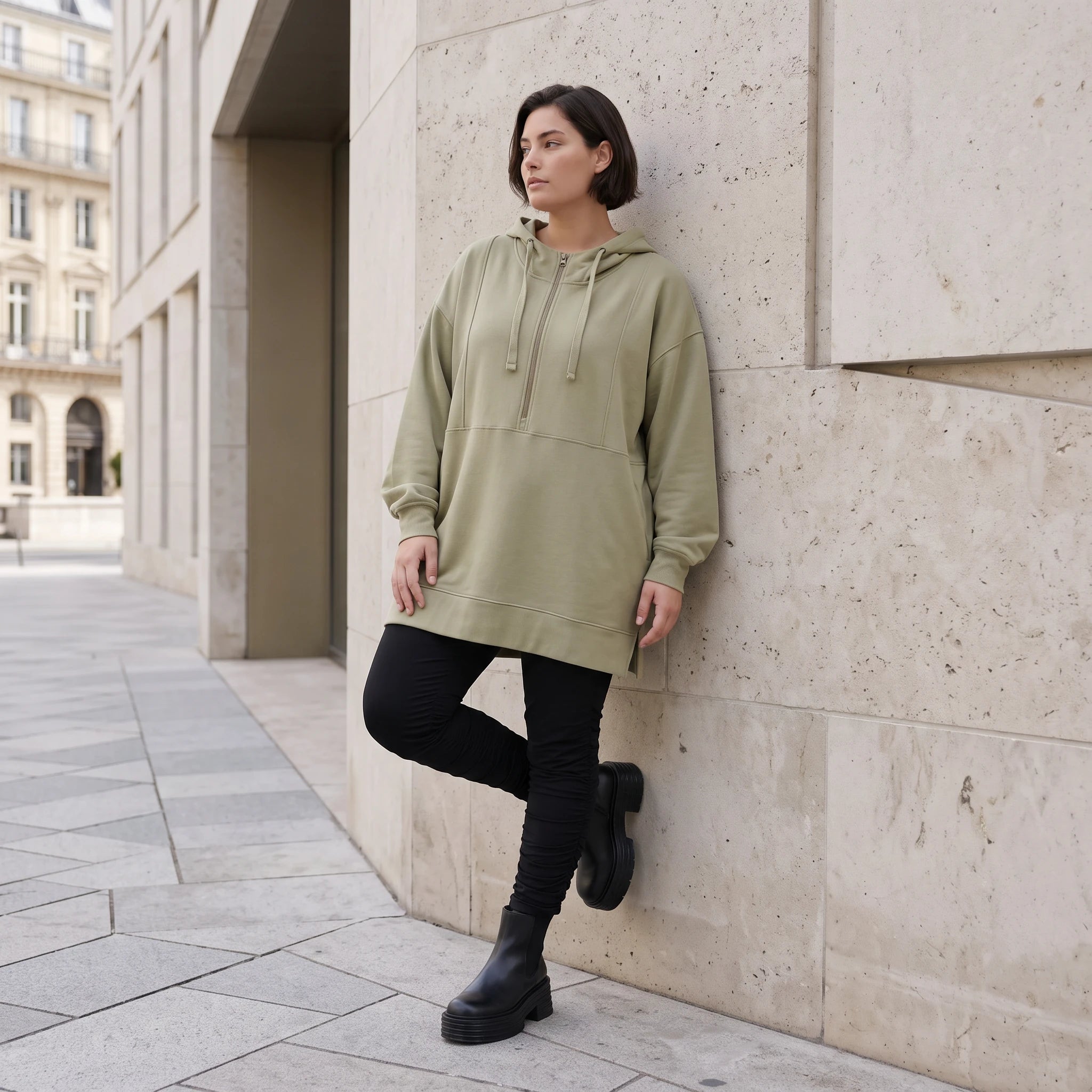 Damen Hoody Avantgarde Baumwolle Beige, gerade Form, Reißverschluss, Oversize große Größen – Rafay