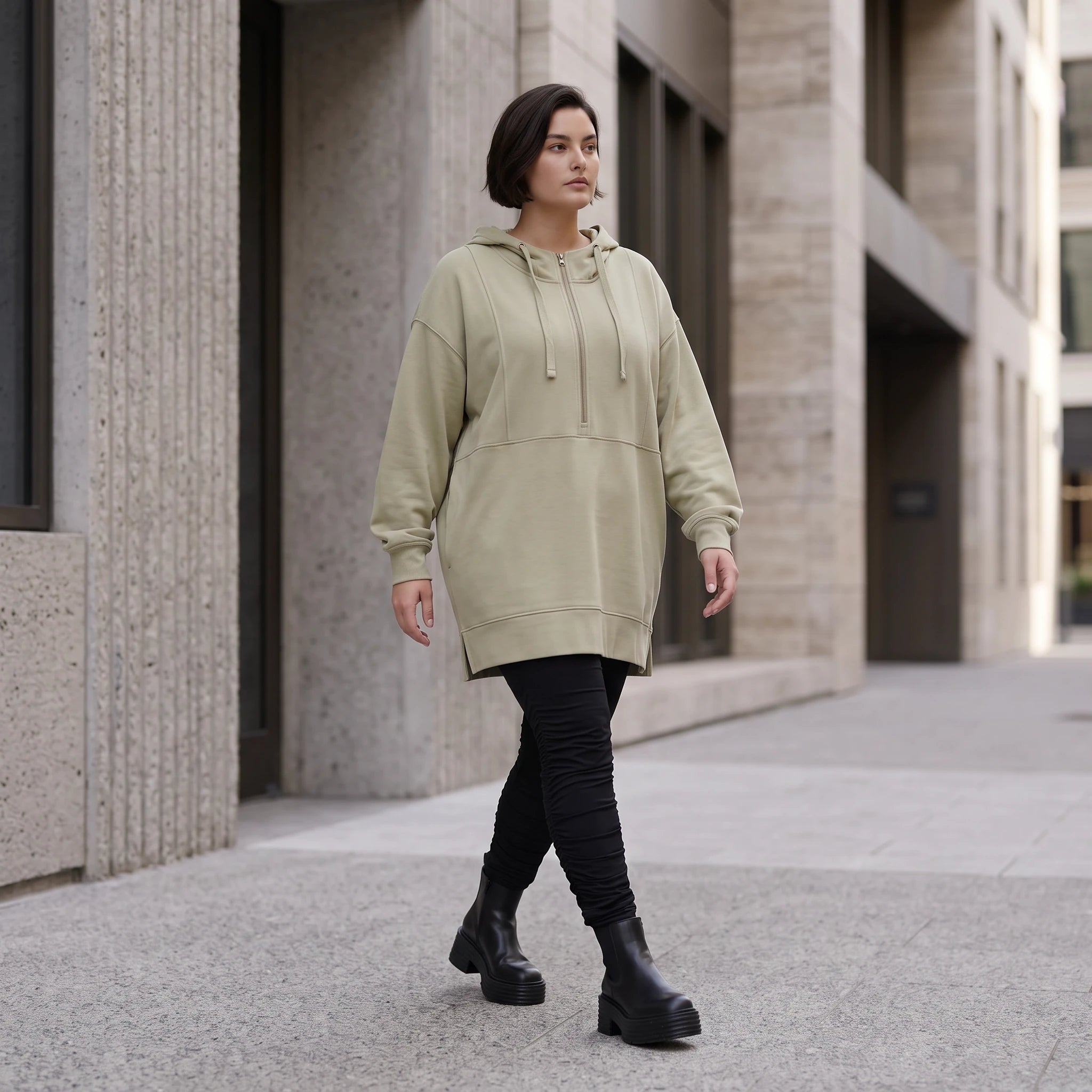 Damen Hoody Avantgarde Baumwolle Beige, gerade Form, Reißverschluss, Oversize große Größen – Rafay