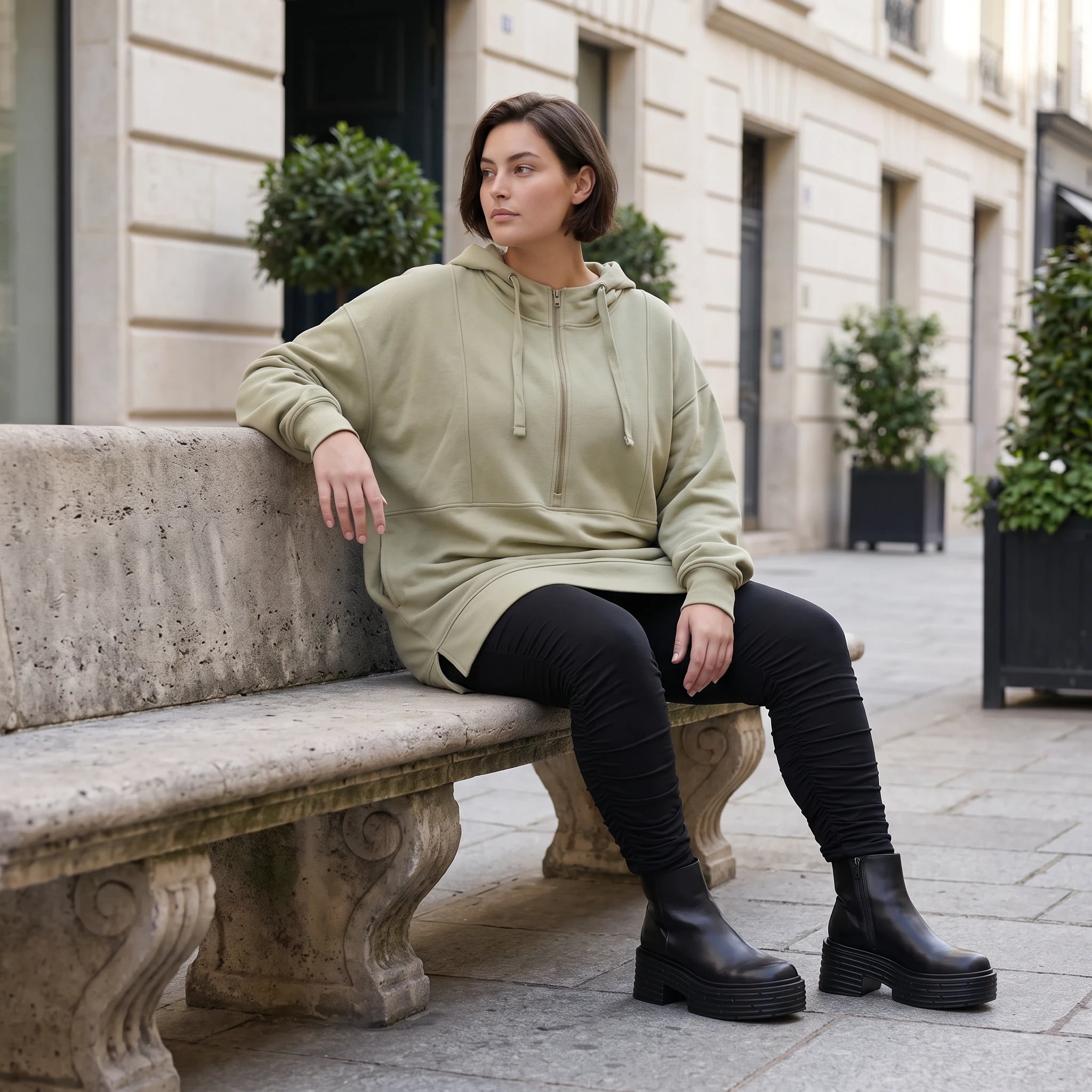 Damen Hoody Avantgarde Baumwolle Beige, gerade Form, Reißverschluss, Oversize große Größen – Rafay