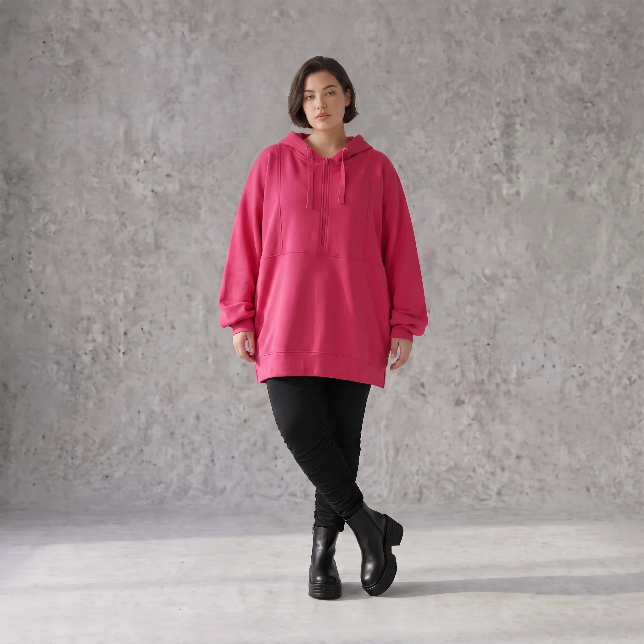 Damen Hoody Avantgarde Baumwolle Pink, gerader Schnitt, Reißverschluss, Oversize große Größen – Rafay