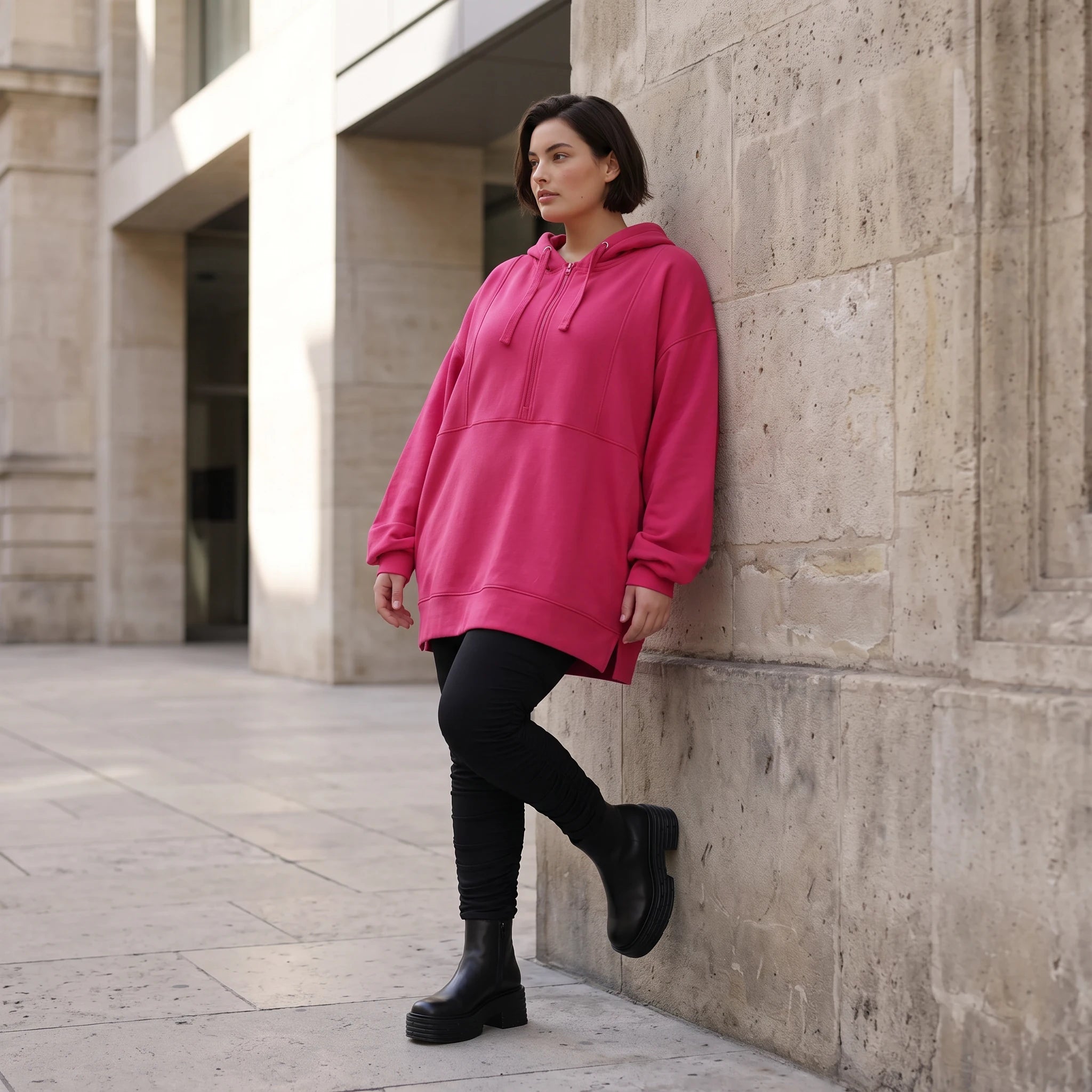Damen Hoody Avantgarde Baumwolle Pink, gerader Schnitt, Reißverschluss, Oversize große Größen – Rafay