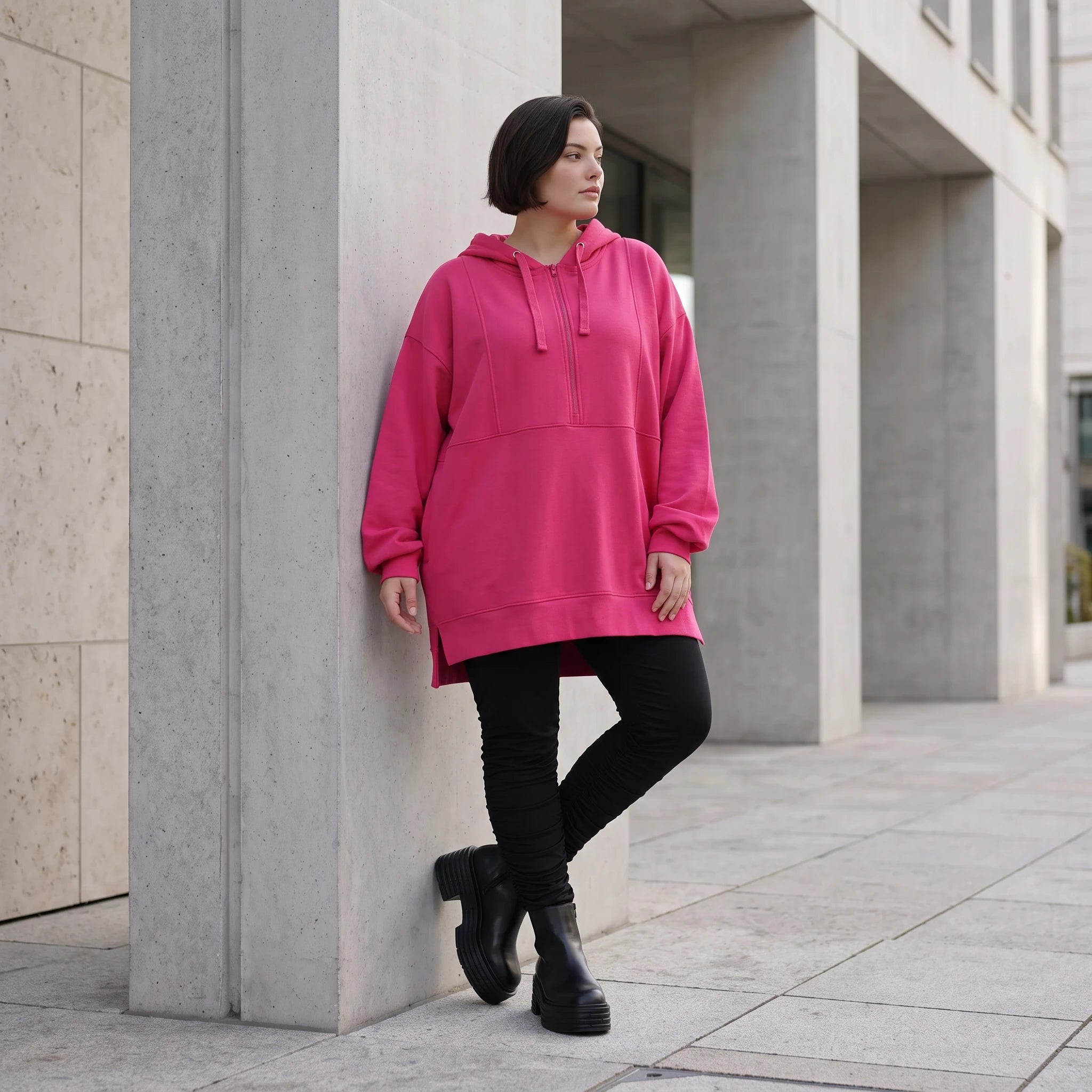 Damen Hoody Avantgarde Baumwolle Pink, gerader Schnitt, Reißverschluss, Oversize große Größen – Rafay