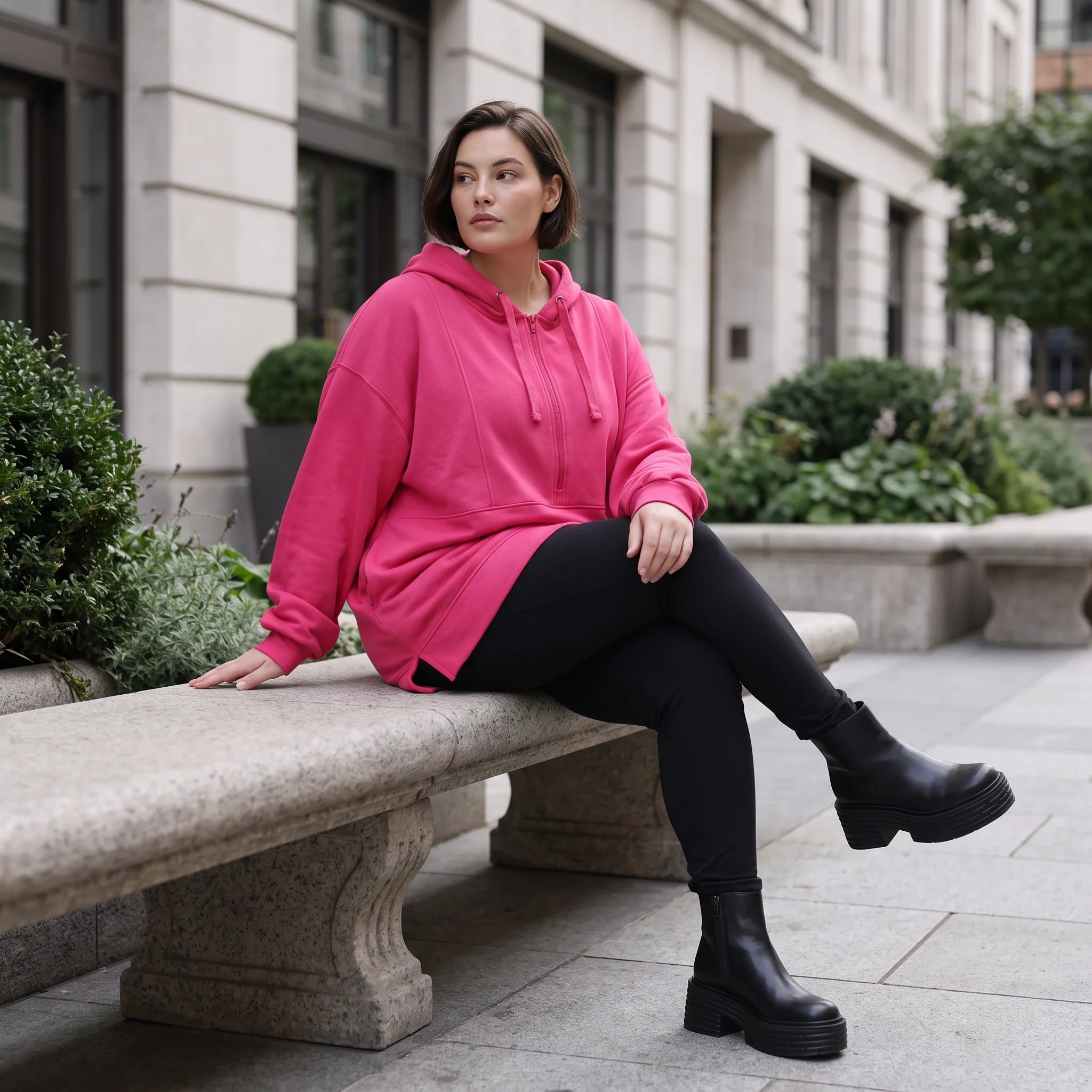 Damen Hoody Avantgarde Baumwolle Pink, gerader Schnitt, Reißverschluss, Oversize große Größen – Rafay