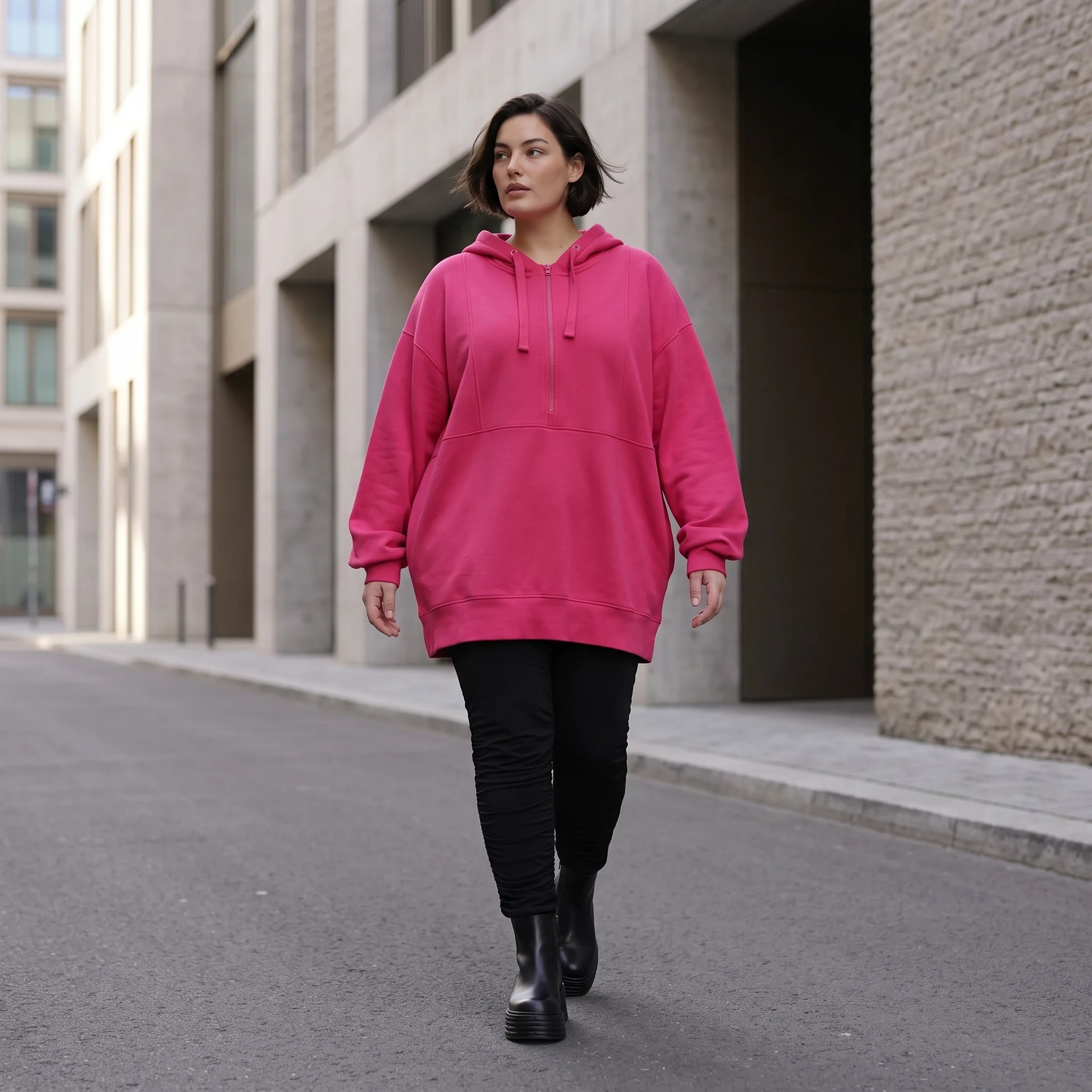 Damen Hoody Avantgarde Baumwolle Pink, gerader Schnitt, Reißverschluss, Oversize große Größen – Rafay