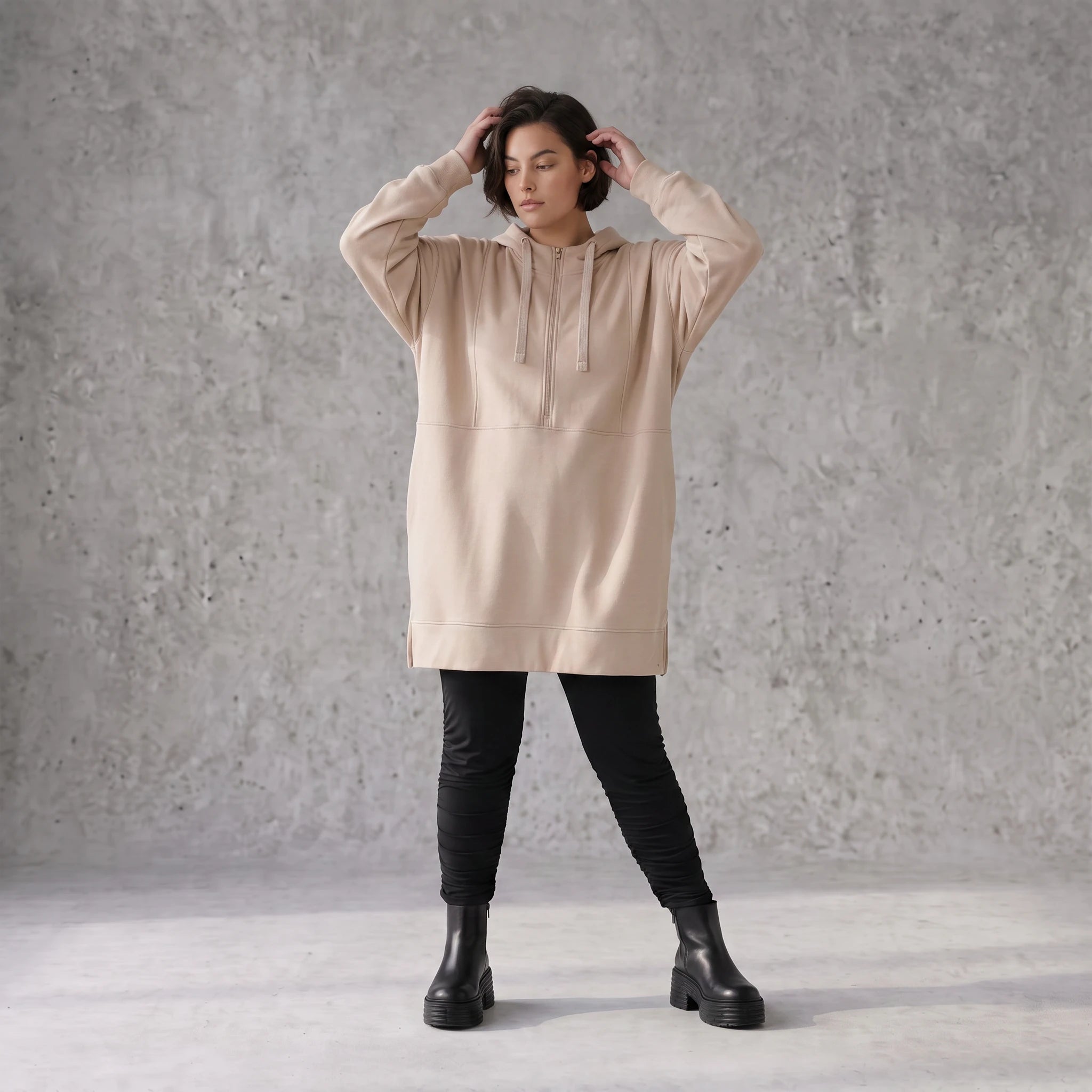 Damen Hoody Avantgarde Baumwolle Beige, gerader Schnitt, Kapuze, Oversize große Größen – Rafay