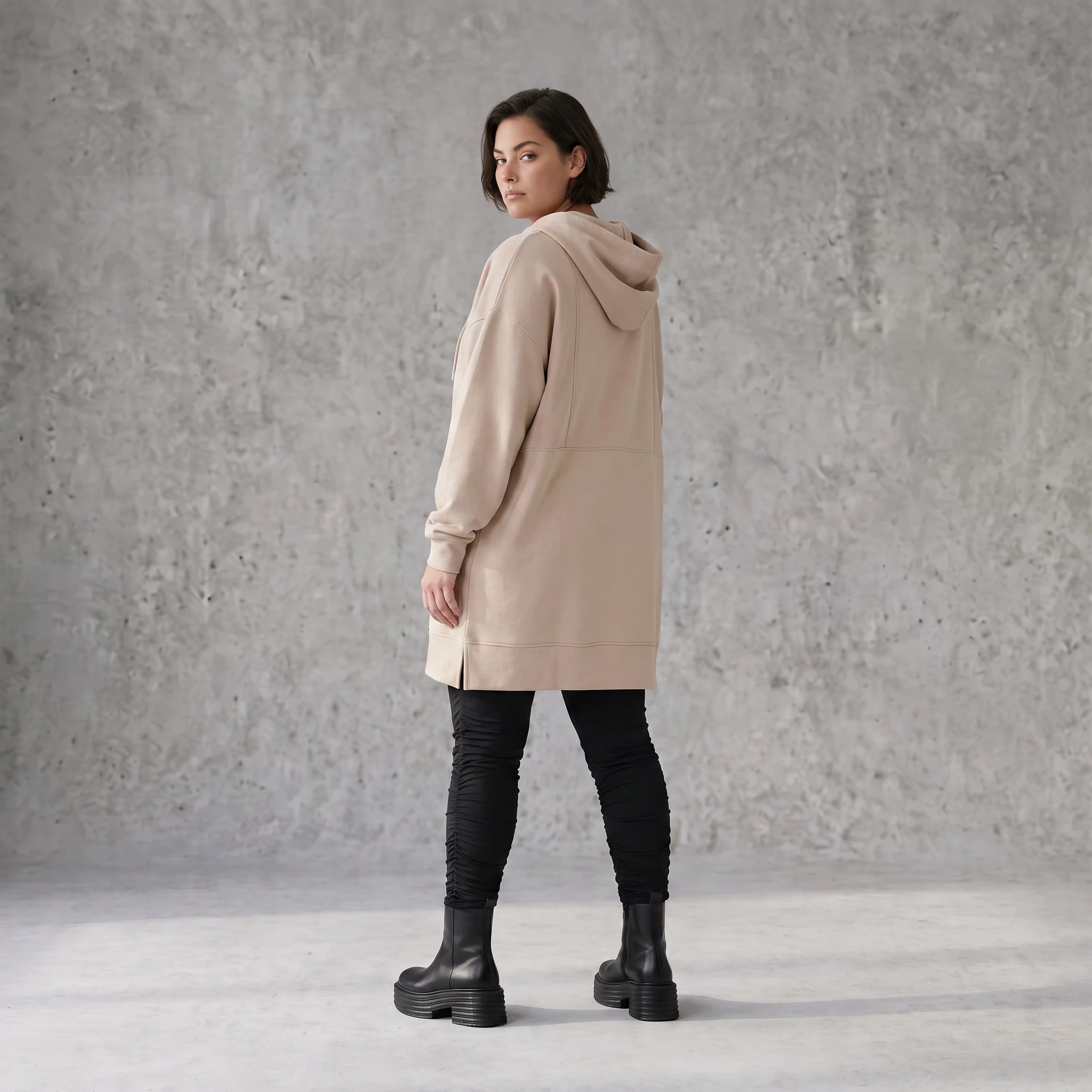 Damen Hoody Avantgarde Baumwolle Beige, gerader Schnitt, Kapuze, Oversize große Größen – Rafay