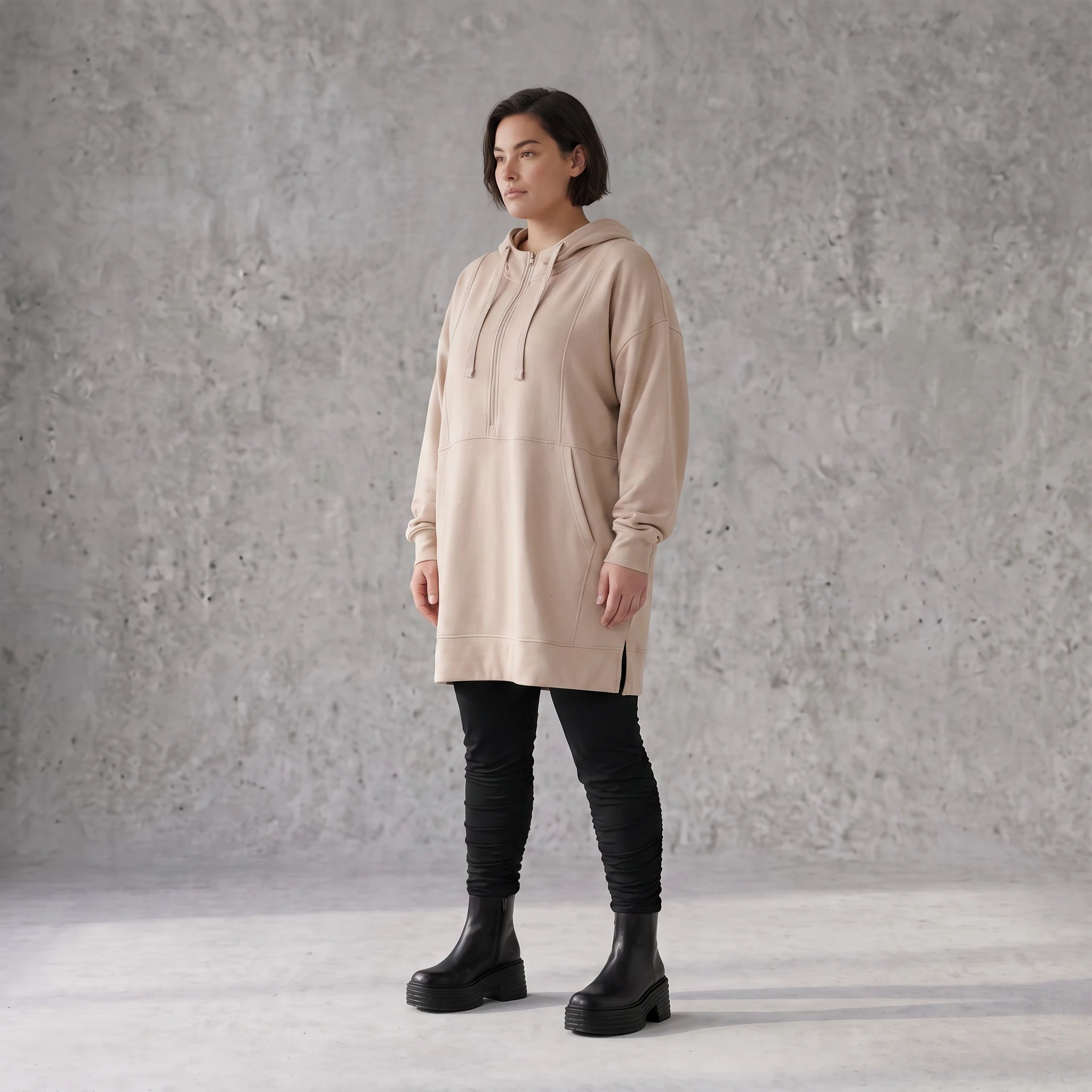 Damen Hoody Avantgarde Baumwolle Beige, gerader Schnitt, Kapuze, Oversize große Größen – Rafay