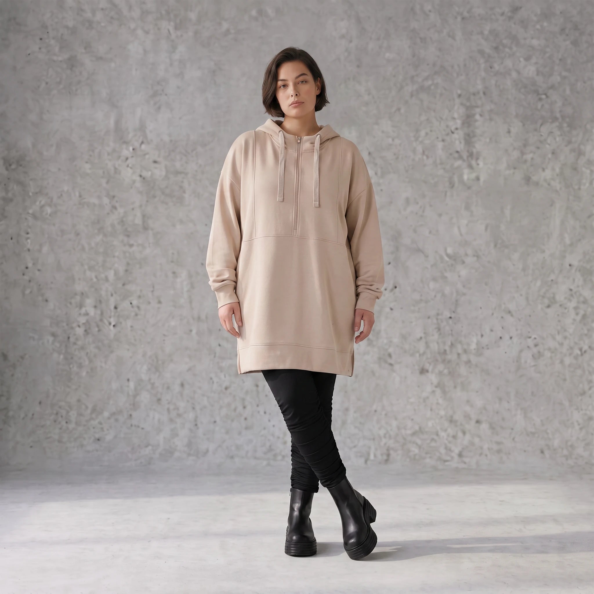 Damen Hoody Avantgarde Baumwolle Beige, gerader Schnitt, Kapuze, Oversize große Größen – Rafay