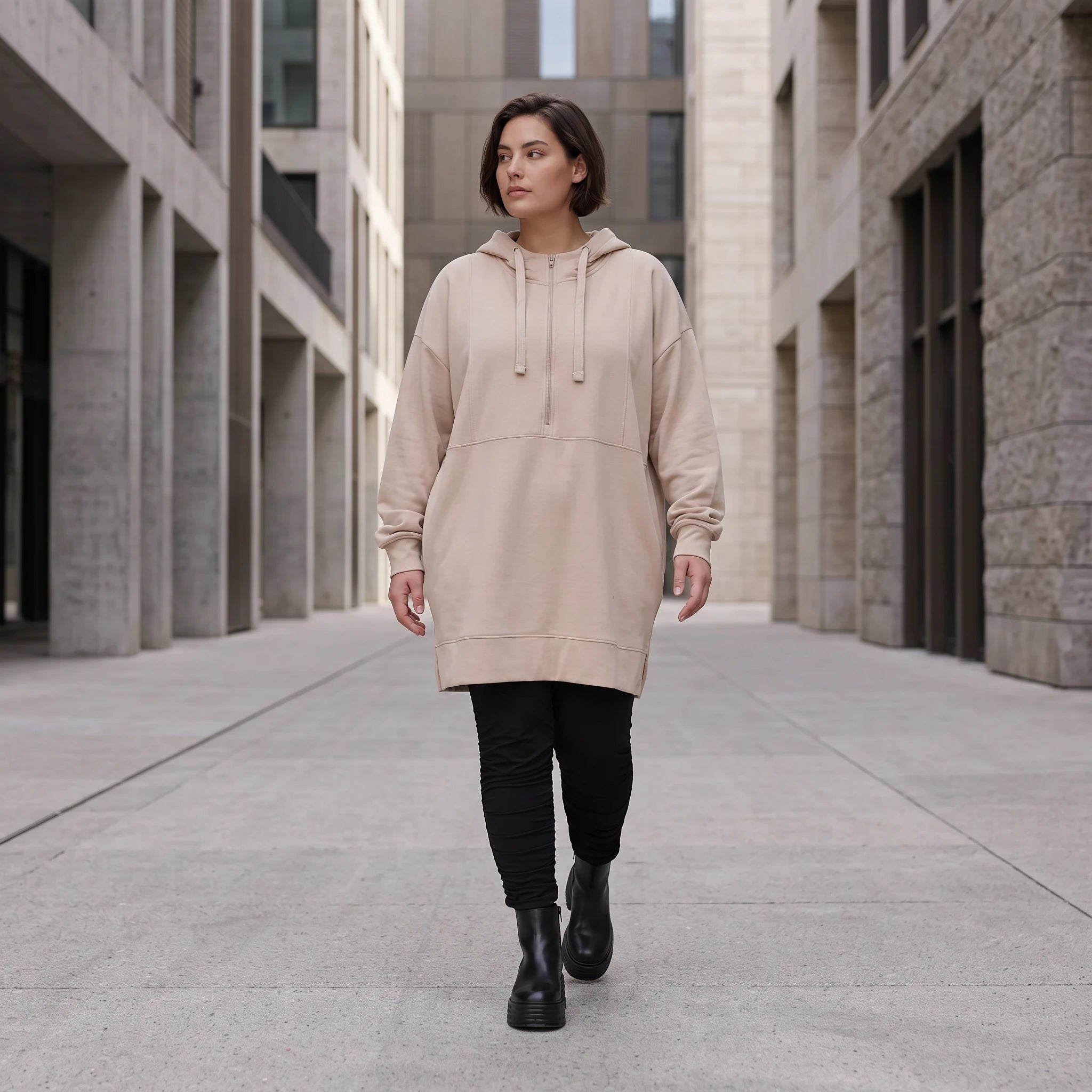 Damen Hoody Avantgarde Baumwolle Beige, gerader Schnitt, Kapuze, Oversize große Größen – Rafay