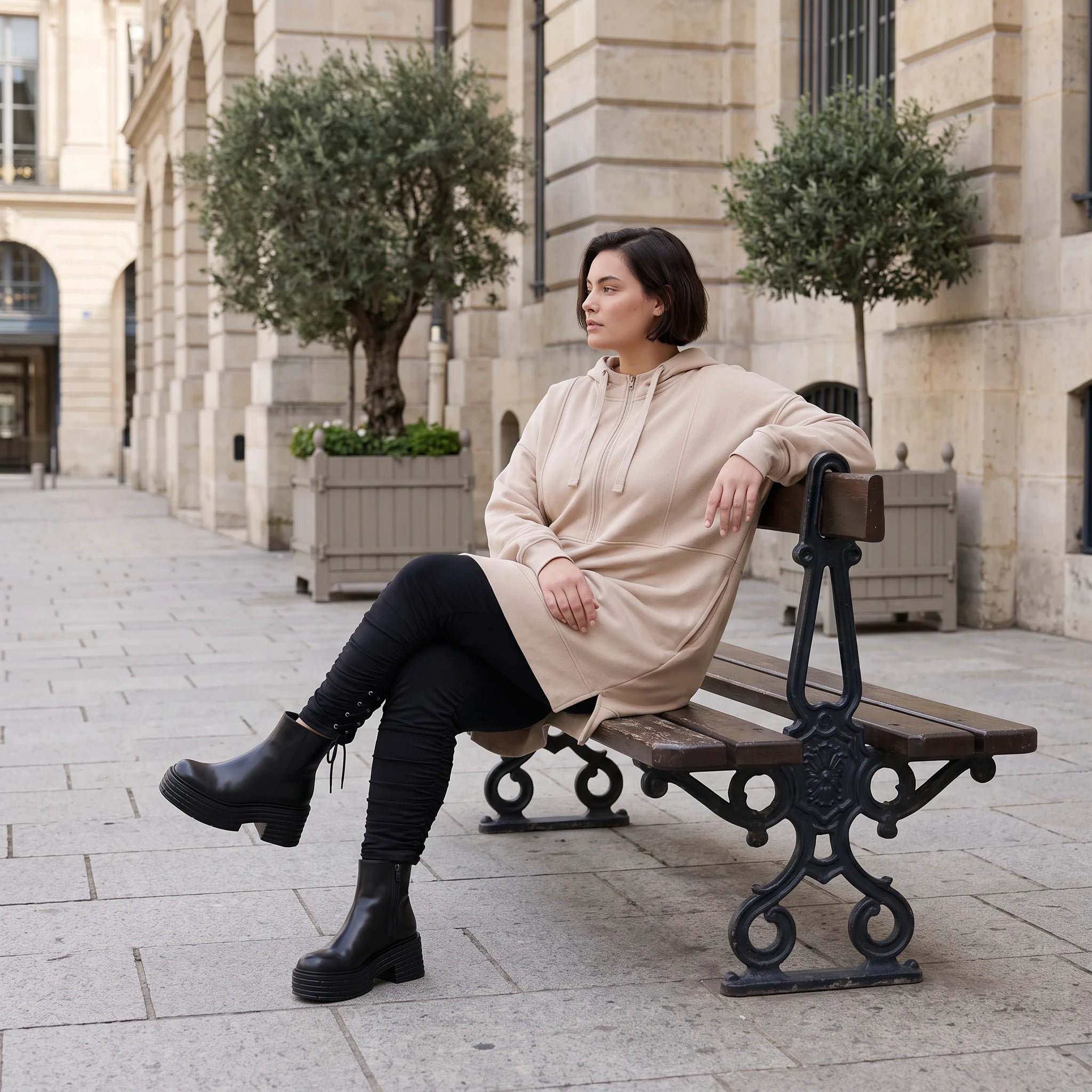 Damen Hoody Avantgarde Baumwolle Beige, gerader Schnitt, Kapuze, Oversize große Größen – Rafay
