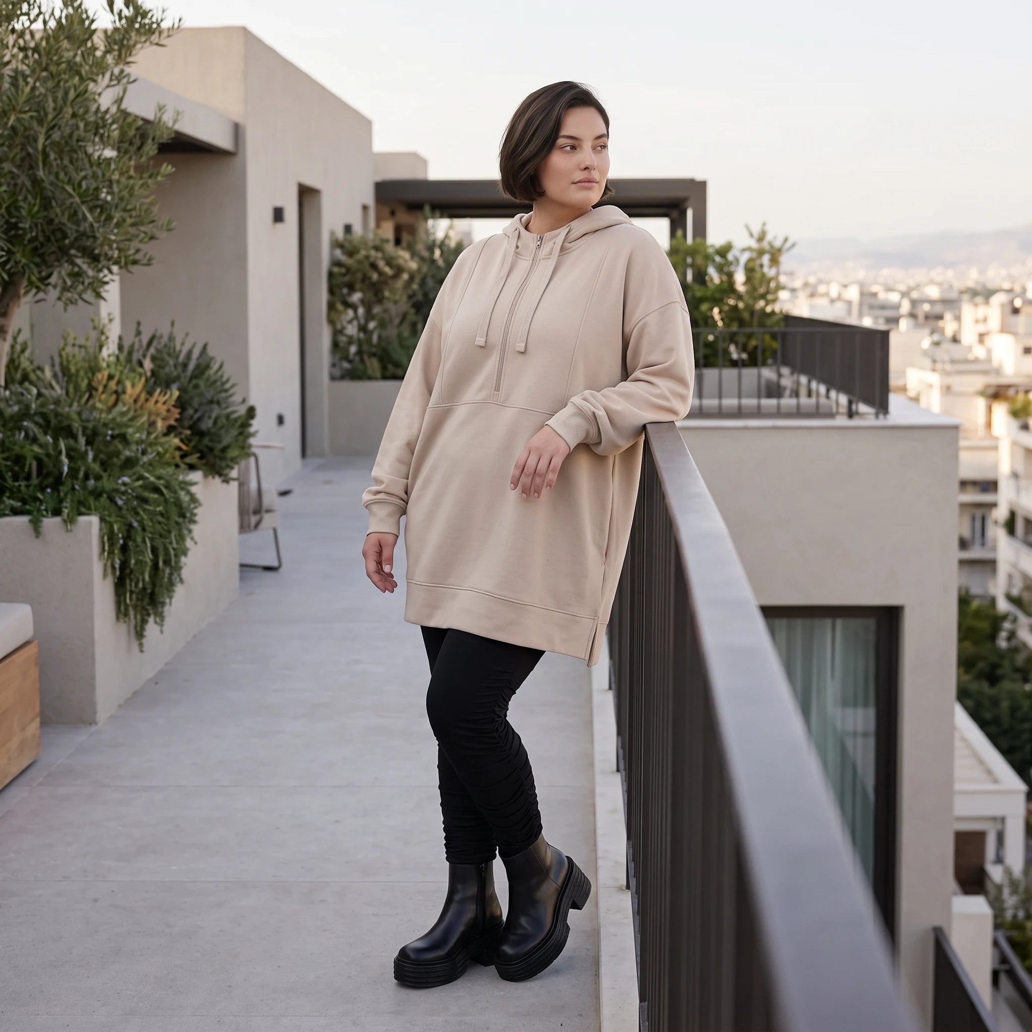 Damen Hoody Avantgarde Baumwolle Beige, gerader Schnitt, Kapuze, Oversize große Größen – Rafay