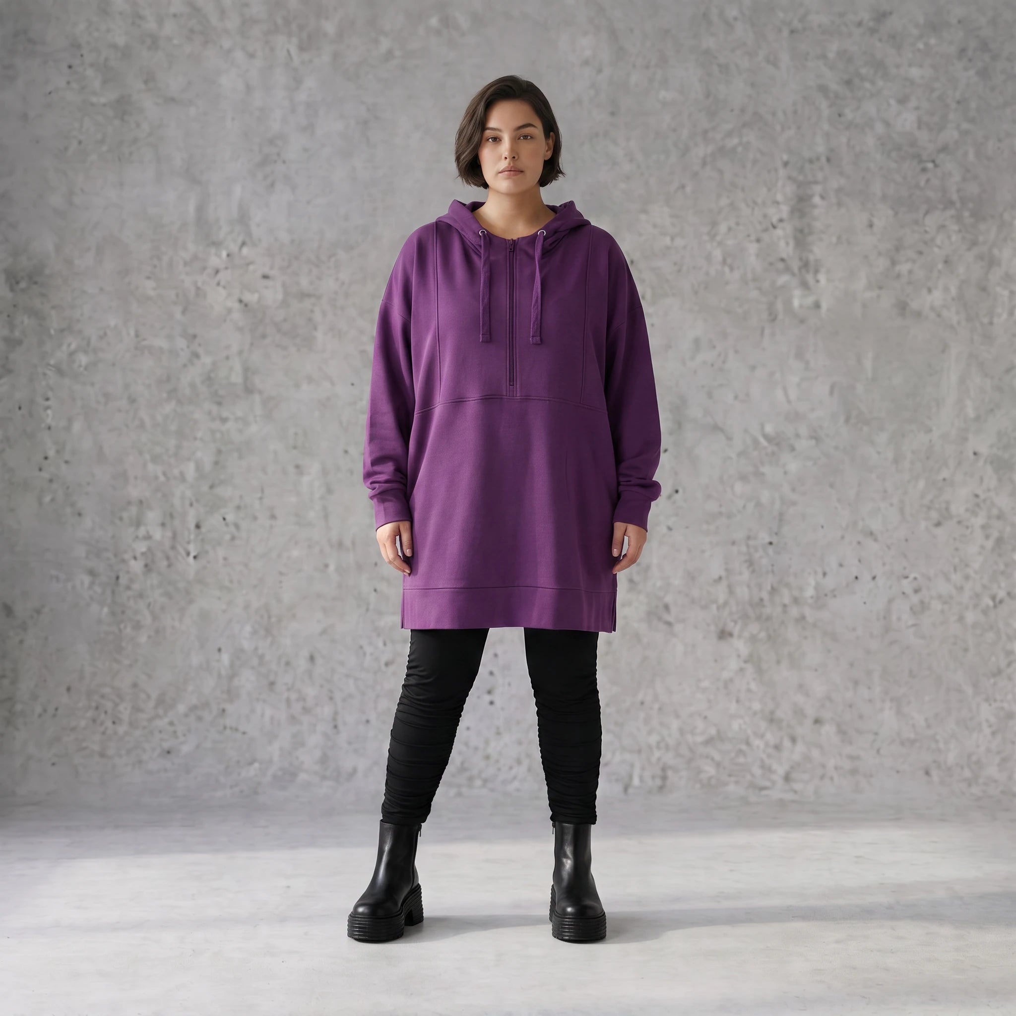 Damen Hoody Avantgarde Baumwolle Lila, gerader Schnitt, Reißverschluss, Oversize große Größen – Rafay