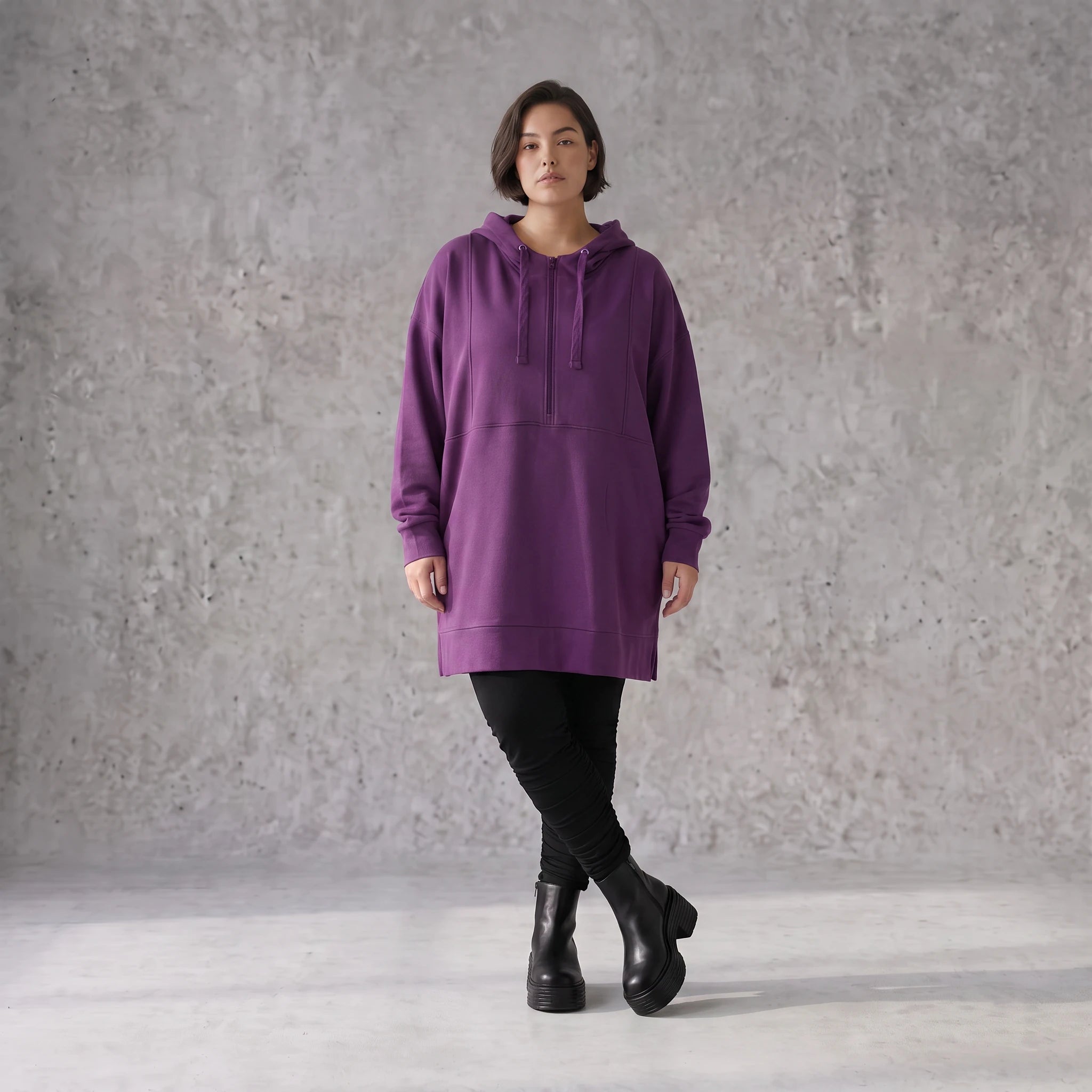 Damen Hoody Avantgarde Baumwolle Lila, gerader Schnitt, Reißverschluss, Oversize große Größen – Rafay
