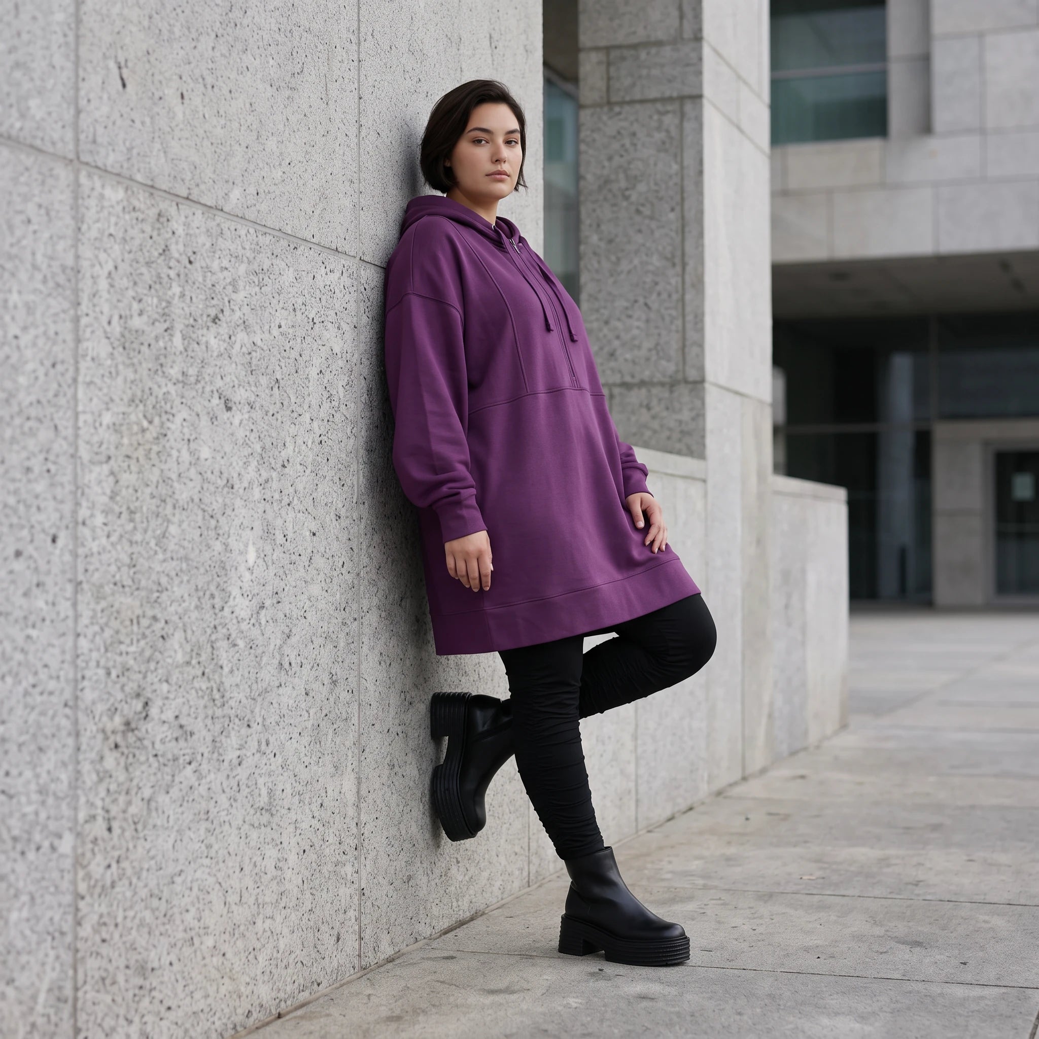 Damen Hoody Avantgarde Baumwolle Lila, gerader Schnitt, Reißverschluss, Oversize große Größen – Rafay