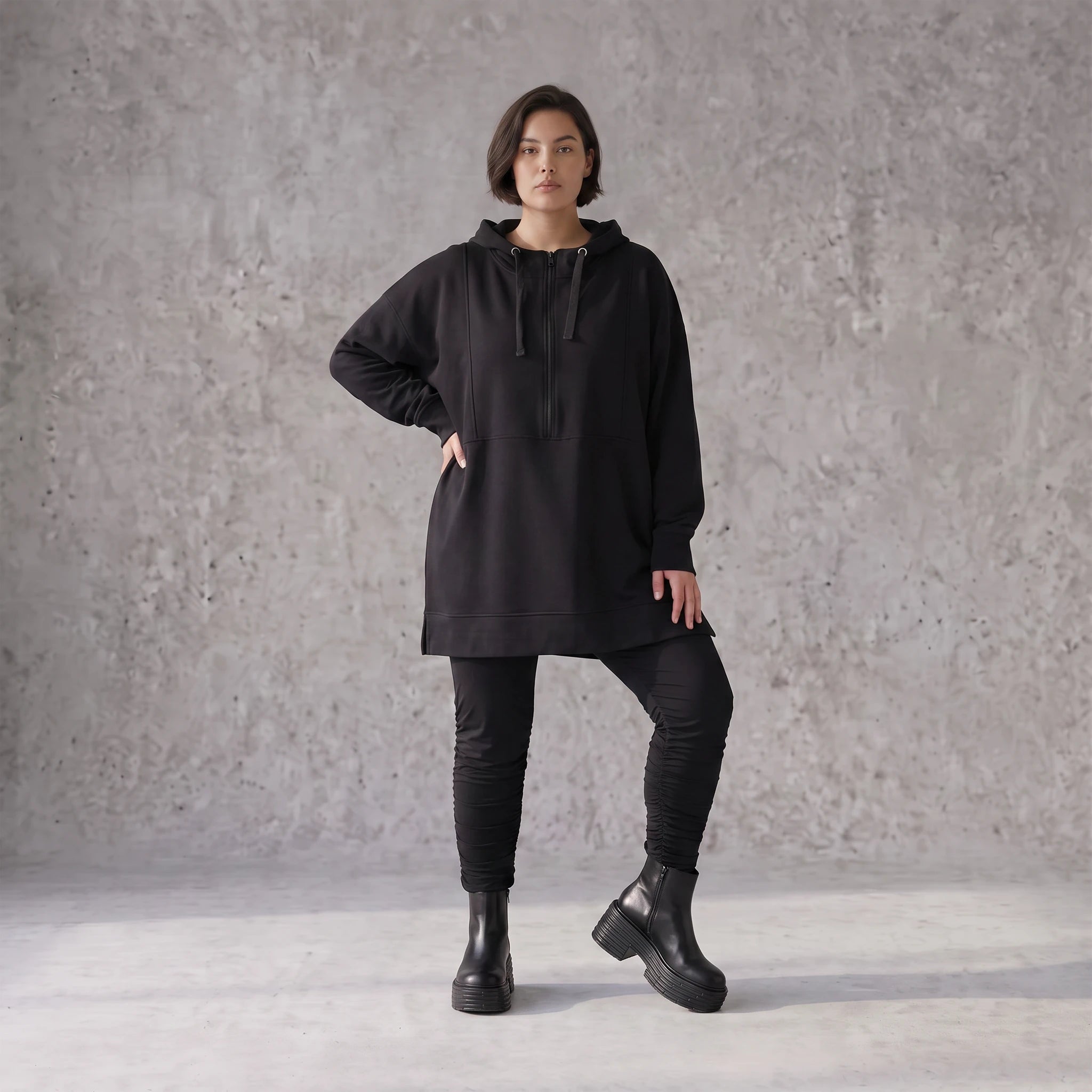 Damen Hoody Avantgarde Baumwolle Schwarz, gerader Schnitt, Reißverschluss, Oversize große Größen – Rafay