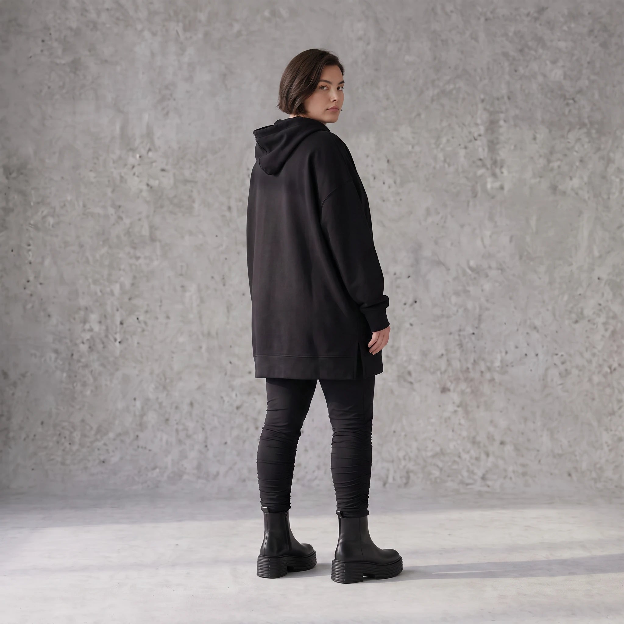 Damen Hoody Avantgarde Baumwolle Schwarz, gerader Schnitt, Reißverschluss, Oversize große Größen – Rafay