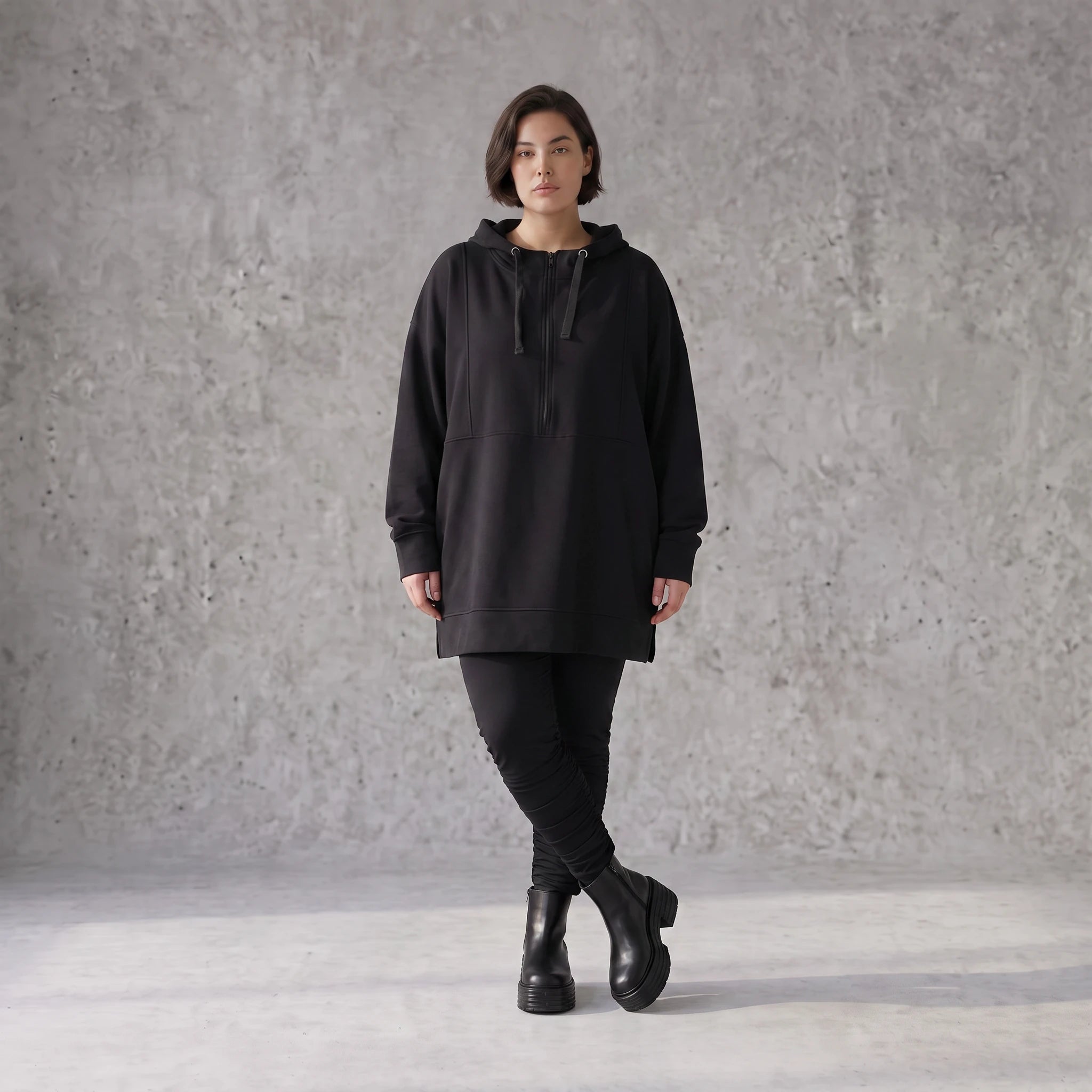 Damen Hoody Avantgarde Baumwolle Schwarz, gerader Schnitt, Reißverschluss, Oversize große Größen – Rafay