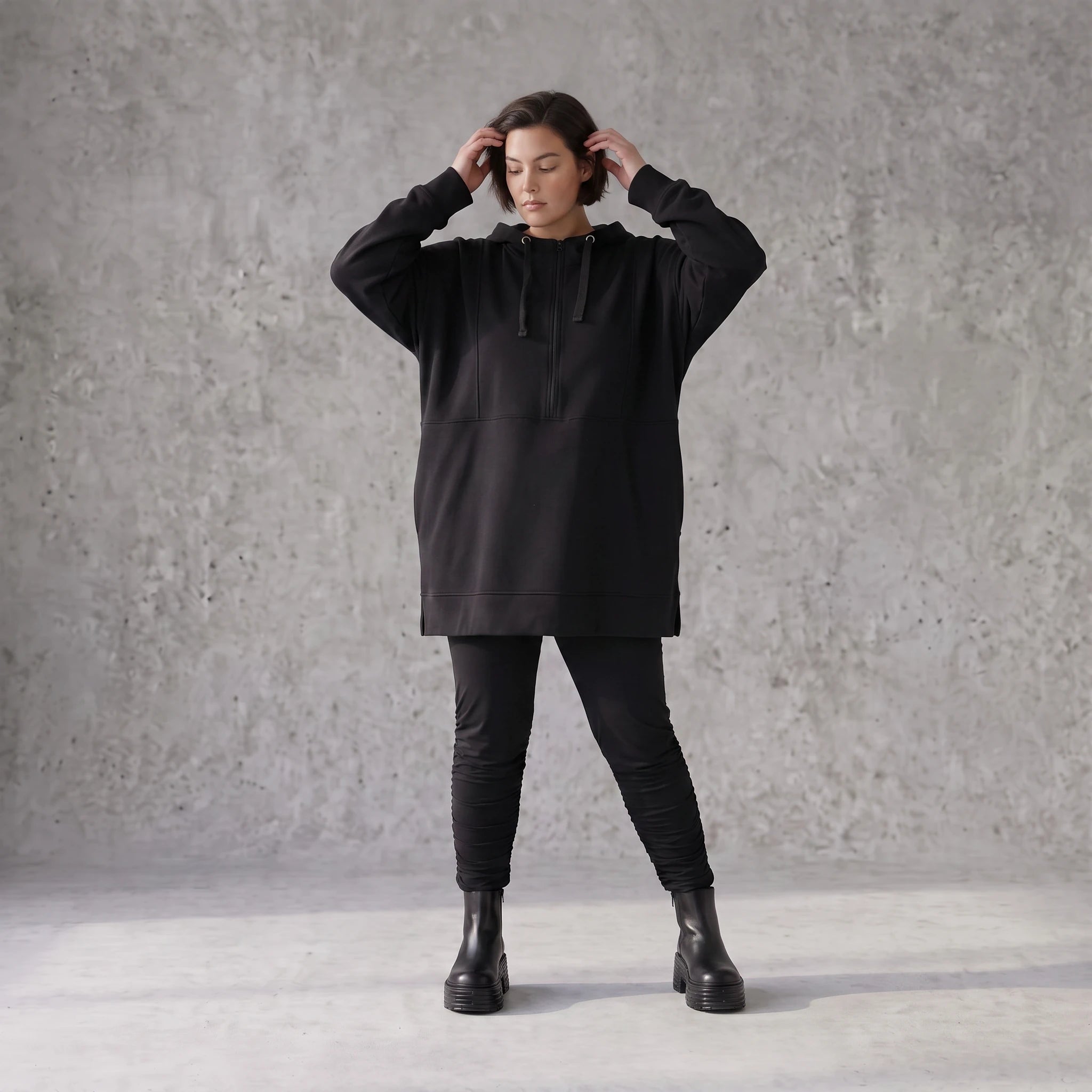 Damen Hoody Avantgarde Baumwolle Schwarz, gerader Schnitt, Reißverschluss, Oversize große Größen – Rafay