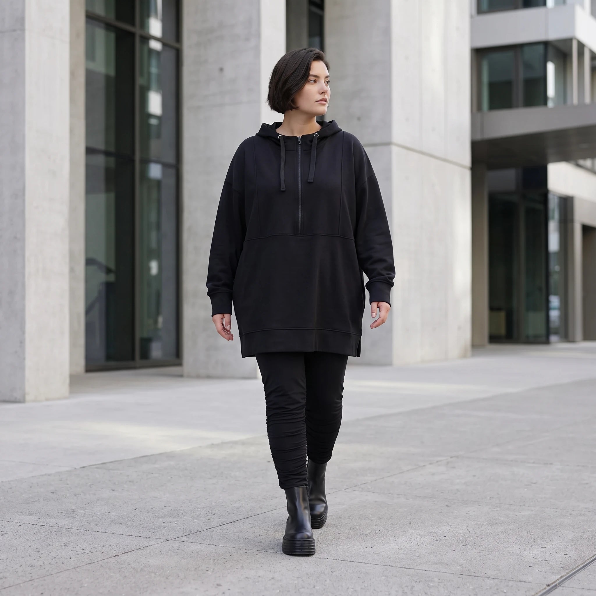 Damen Hoody Avantgarde Baumwolle Schwarz, gerader Schnitt, Reißverschluss, Oversize große Größen – Rafay