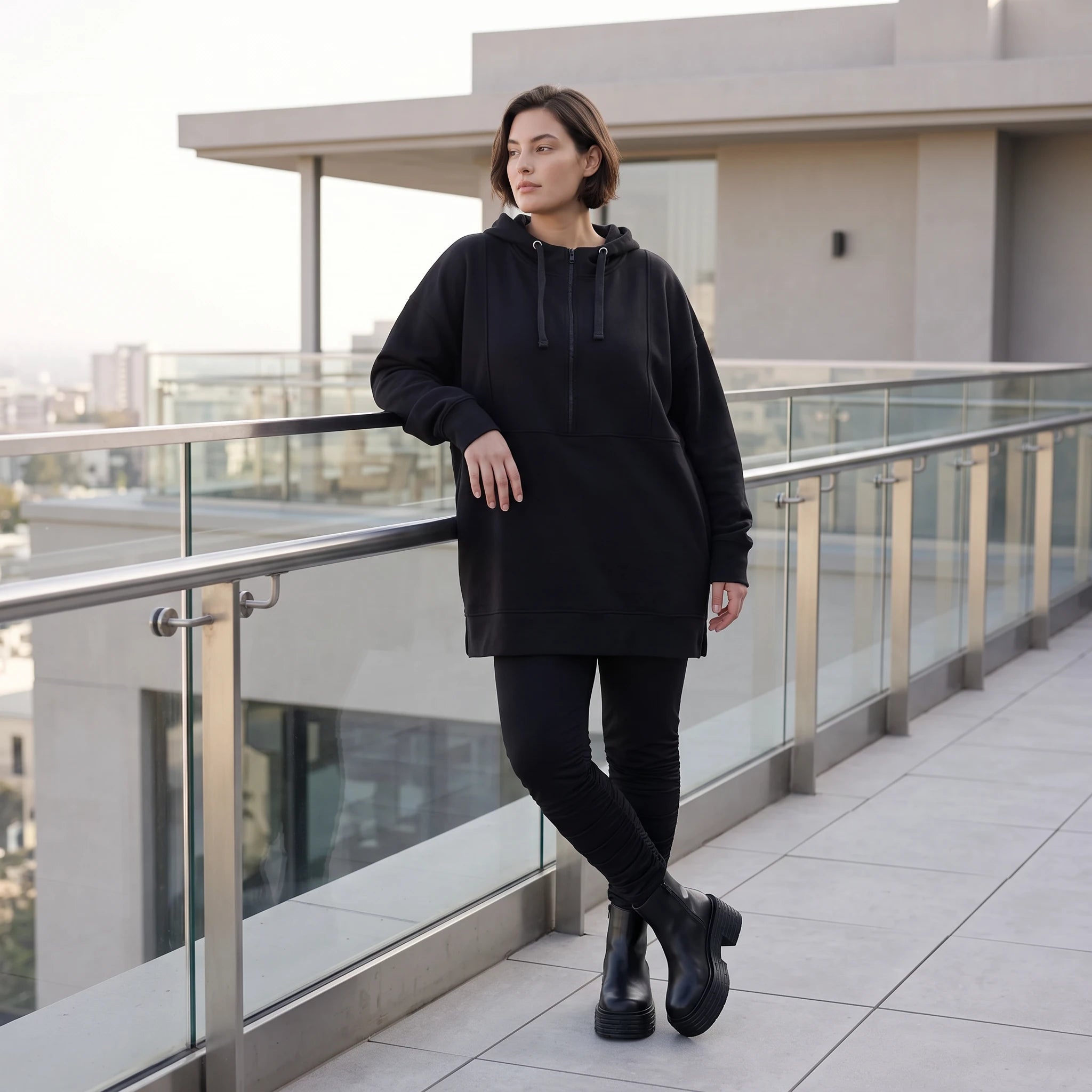 Damen Hoody Avantgarde Baumwolle Schwarz, gerader Schnitt, Reißverschluss, Oversize große Größen – Rafay