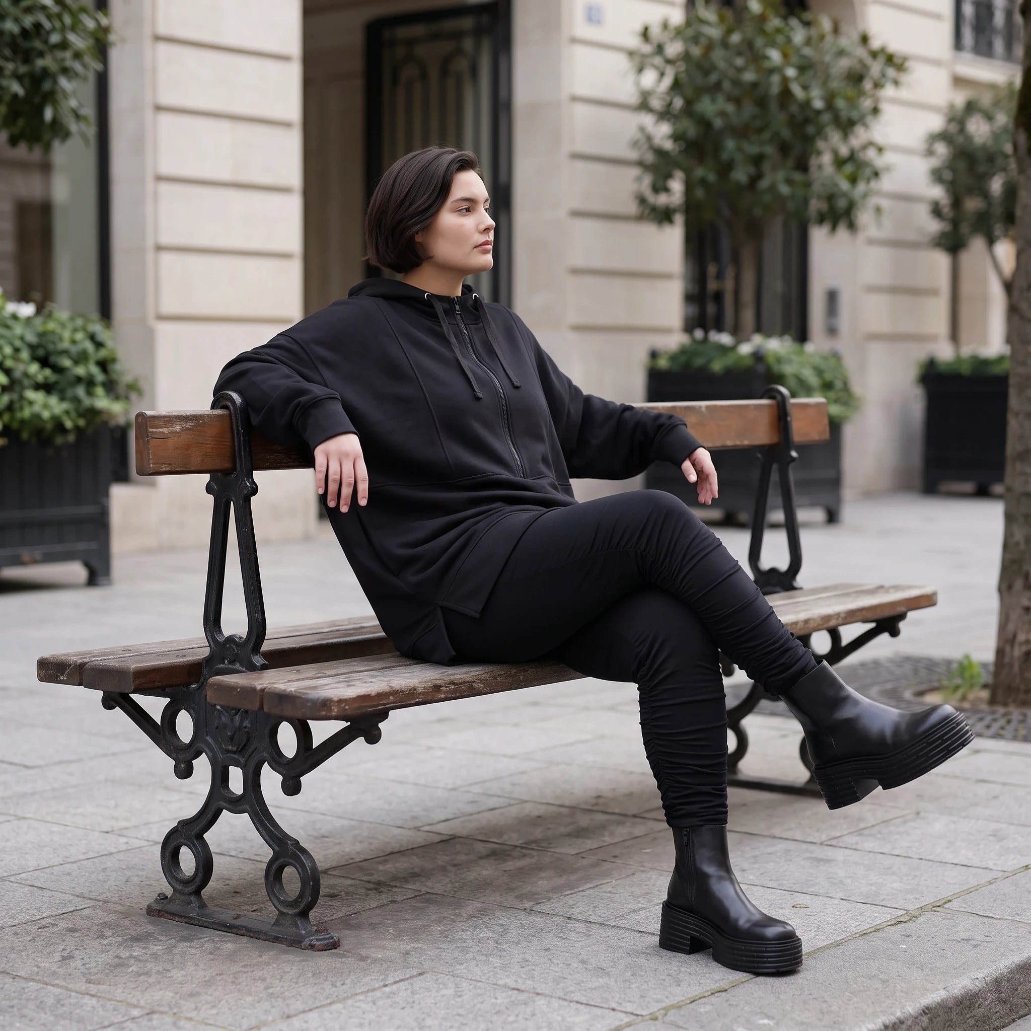 Damen Hoody Avantgarde Baumwolle Schwarz, gerader Schnitt, Reißverschluss, Oversize große Größen – Rafay