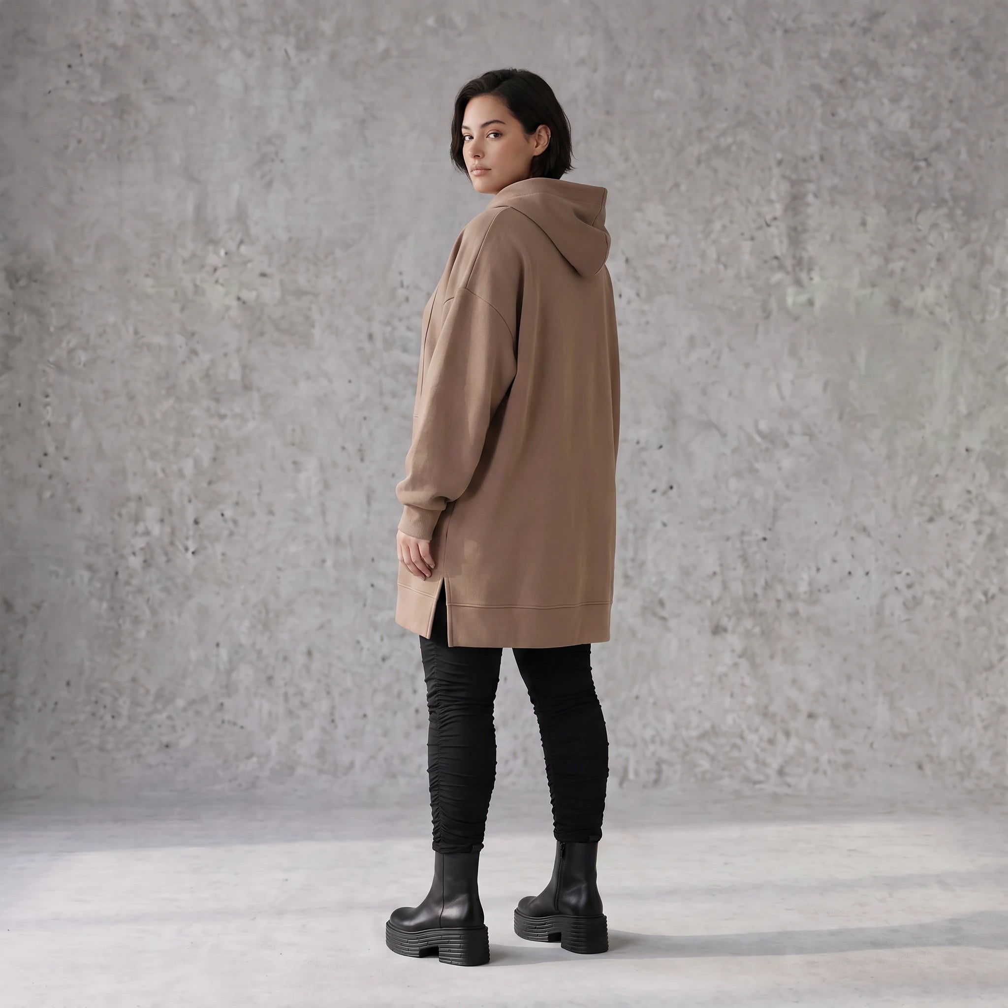 Damen Hoody Avantgarde Baumwolle Braun, gerader Schnitt, Reißverschluss, Oversize große Größen – Rafay