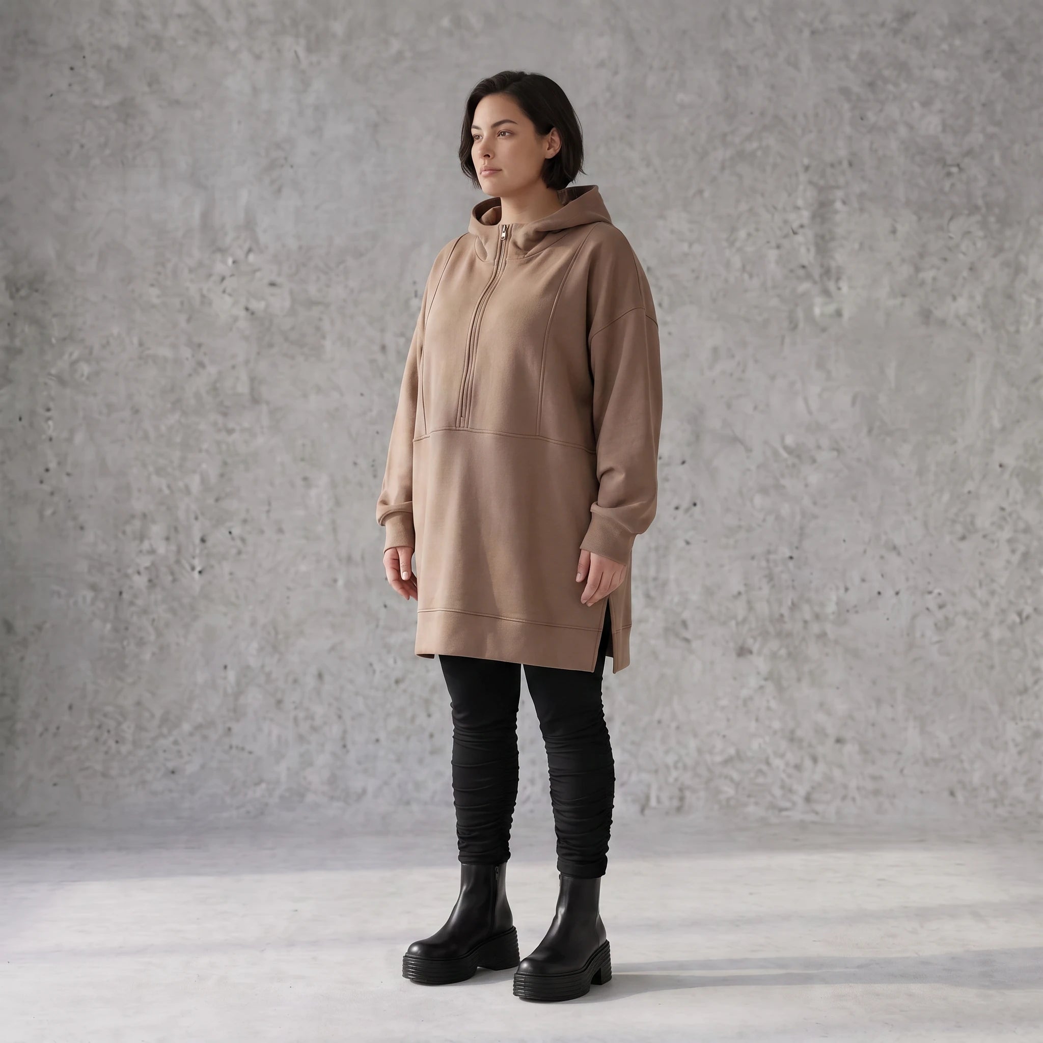 Damen Hoody Avantgarde Baumwolle Braun, gerader Schnitt, Reißverschluss, Oversize große Größen – Rafay