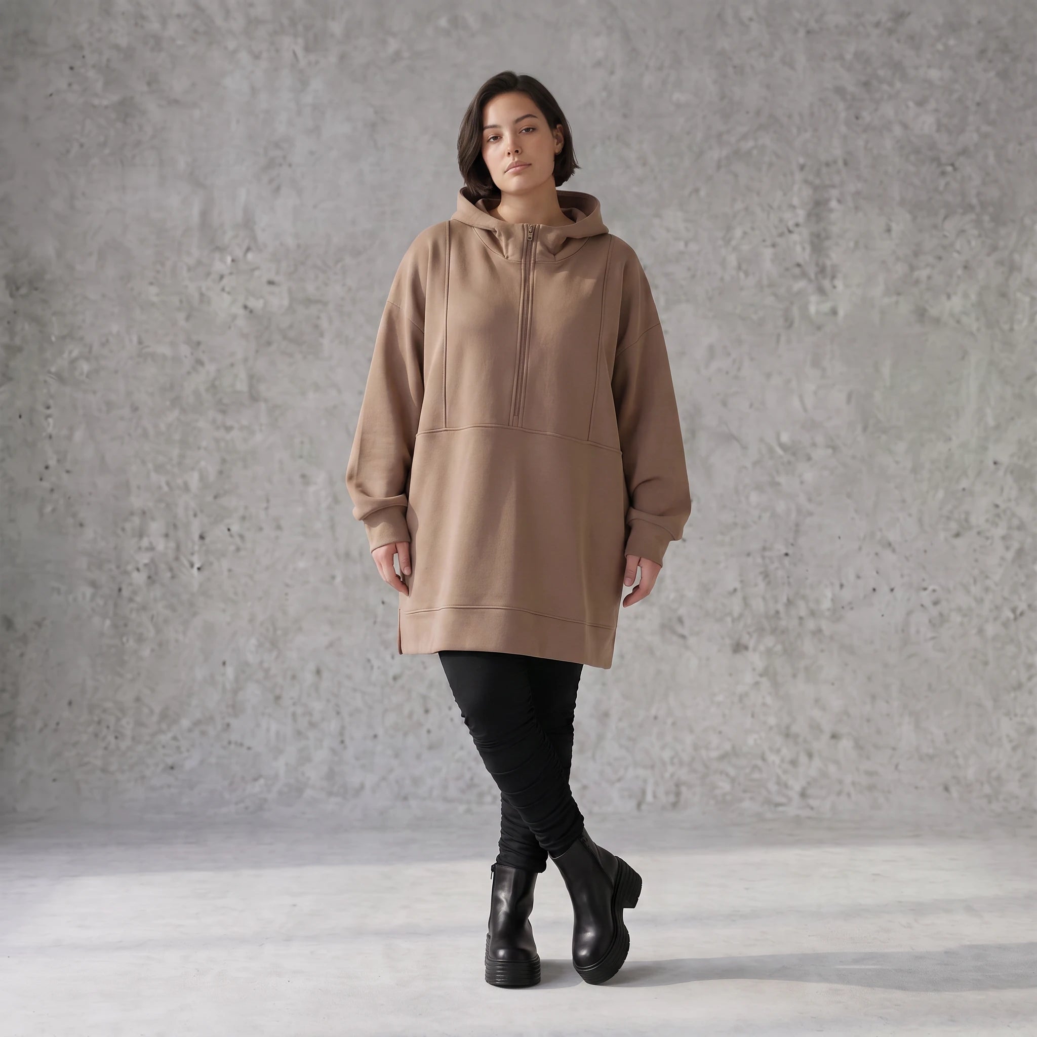 Damen Hoody Avantgarde Baumwolle Braun, gerader Schnitt, Reißverschluss, Oversize große Größen – Rafay