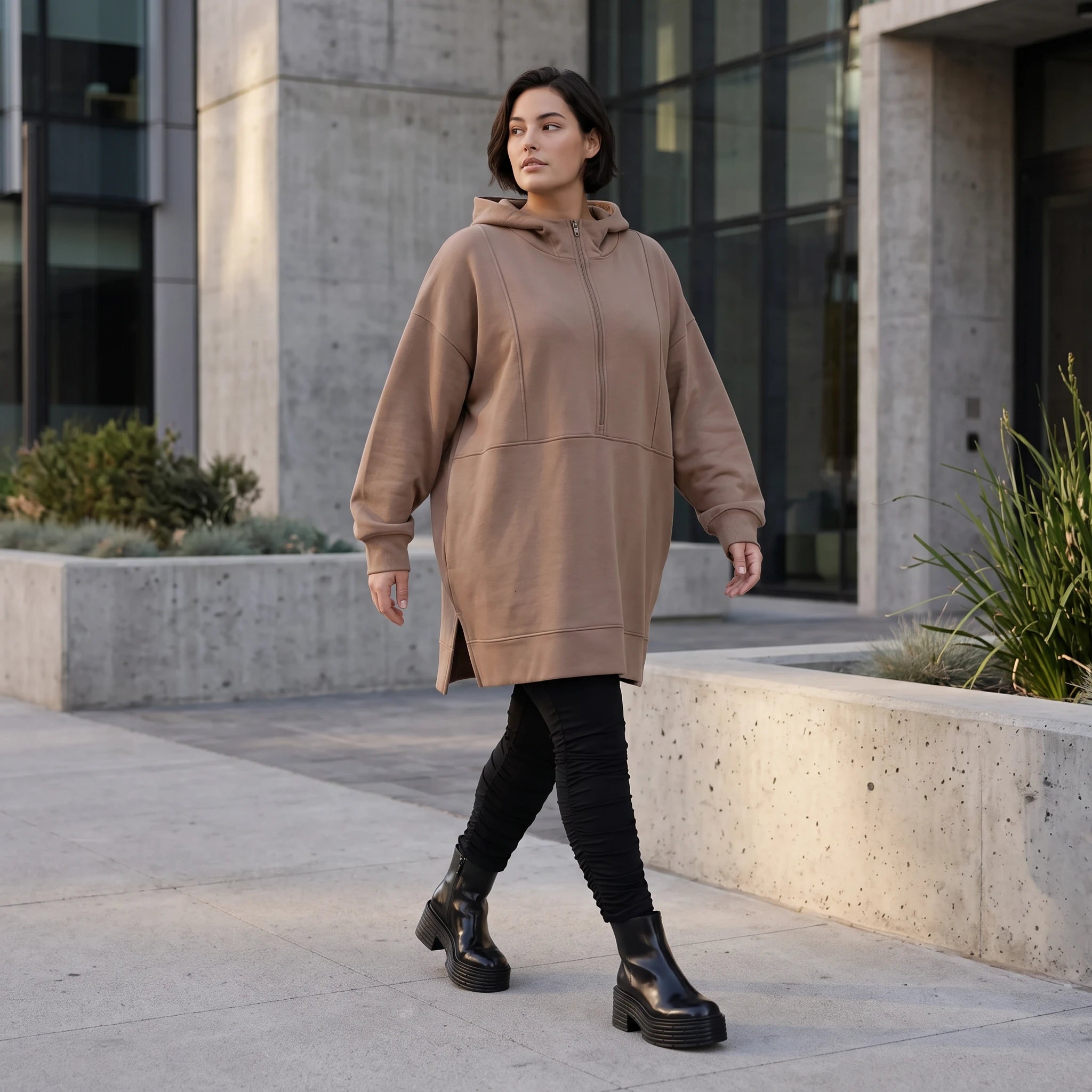 Damen Hoody Avantgarde Baumwolle Braun, gerader Schnitt, Reißverschluss, Oversize große Größen – Rafay