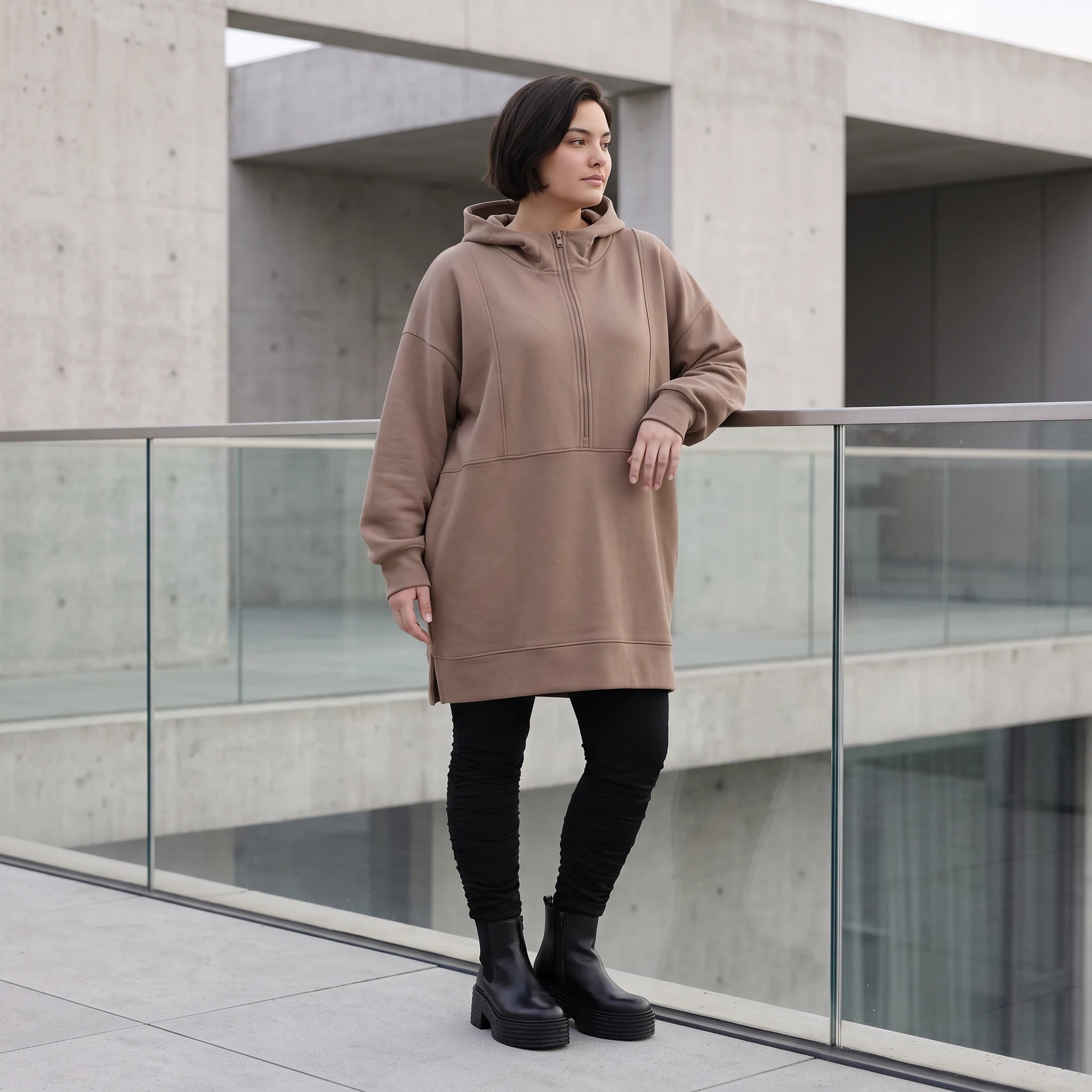 Damen Hoody Avantgarde Baumwolle Braun, gerader Schnitt, Reißverschluss, Oversize große Größen – Rafay