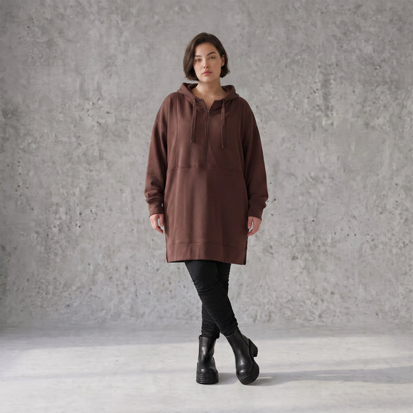 Damen Hoody Avantgarde Baumwolle Braun, gerader Schnitt, Reißverschluss, Oversize große Größen – Rafay