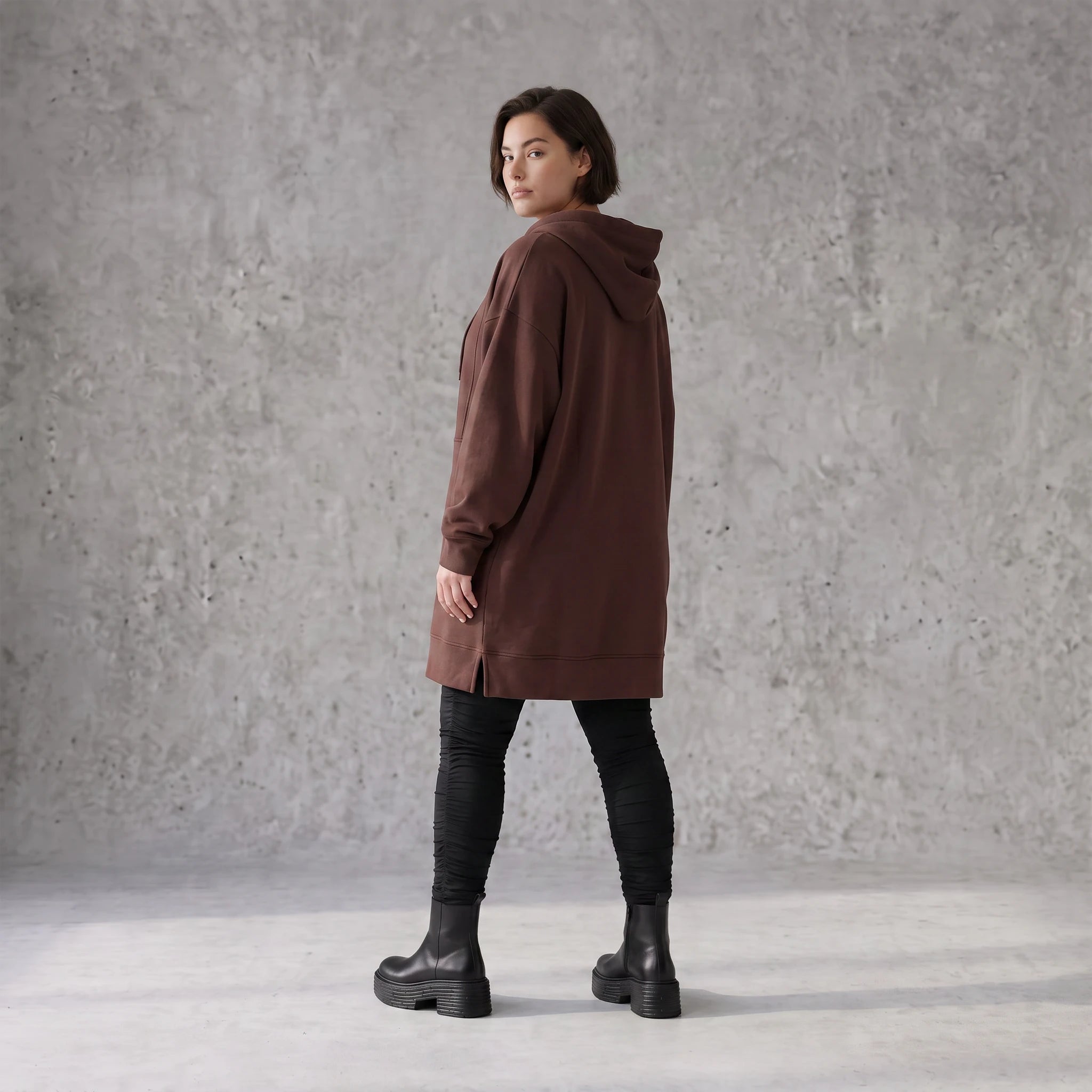 Damen Hoody Avantgarde Baumwolle Braun, gerader Schnitt, Reißverschluss, Oversize große Größen – Rafay