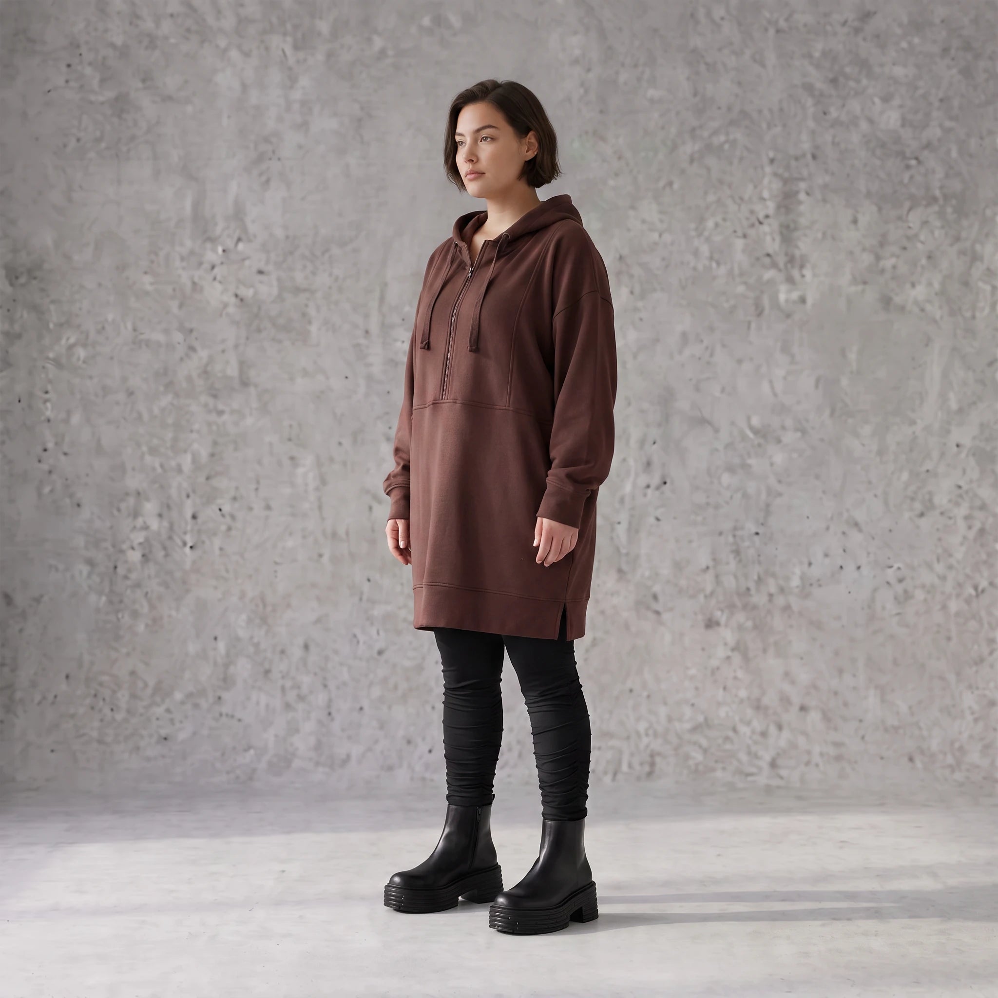Damen Hoody Avantgarde Baumwolle Braun, gerader Schnitt, Reißverschluss, Oversize große Größen – Rafay