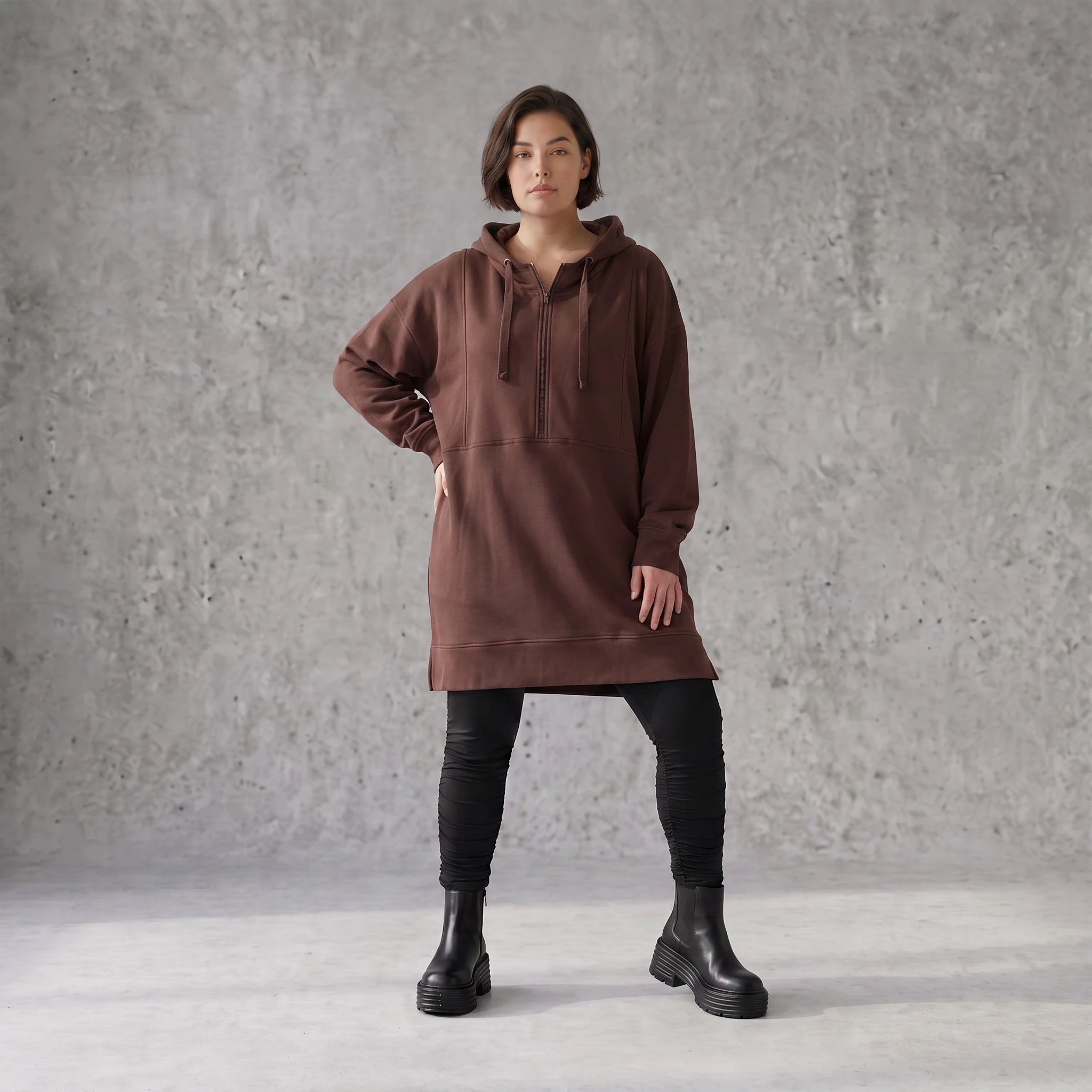 Damen Hoody Avantgarde Baumwolle Braun, gerader Schnitt, Reißverschluss, Oversize große Größen – Rafay