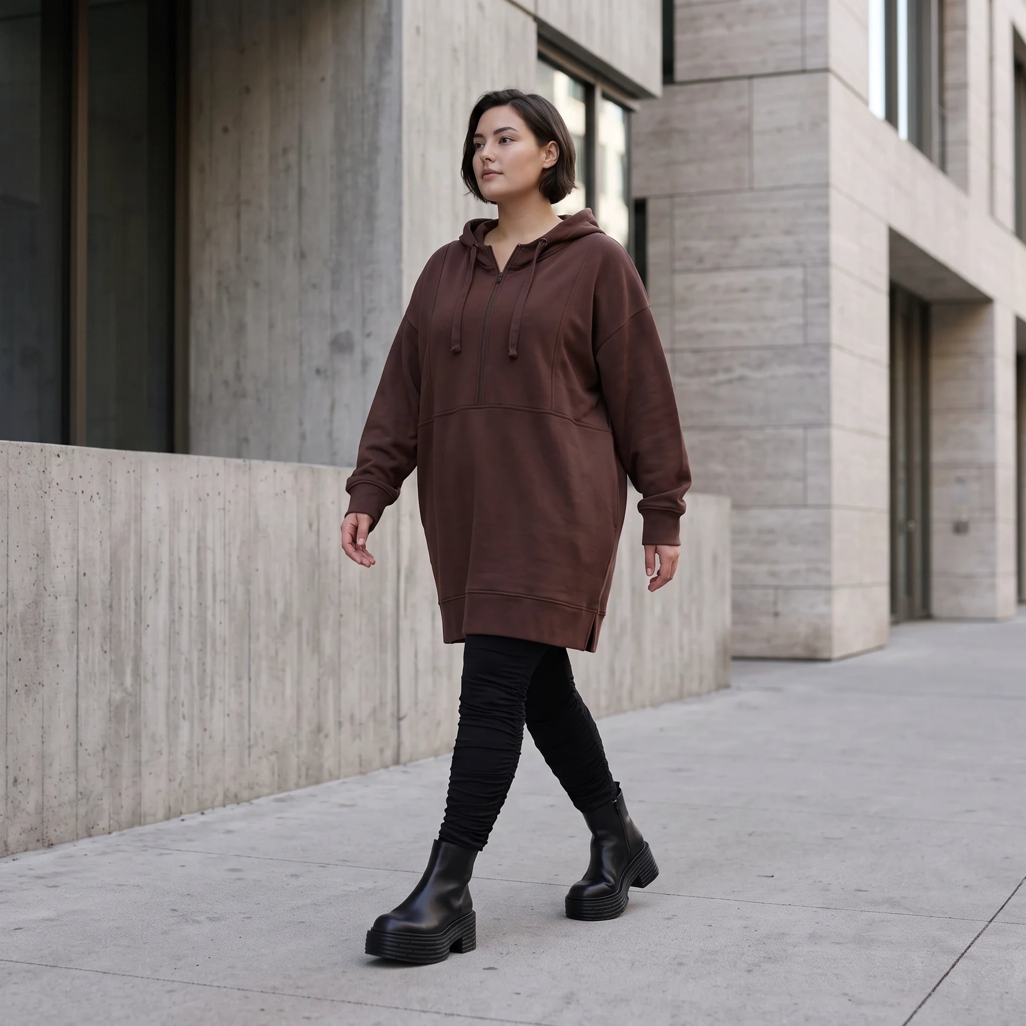 Damen Hoody Avantgarde Baumwolle Braun, gerader Schnitt, Reißverschluss, Oversize große Größen – Rafay