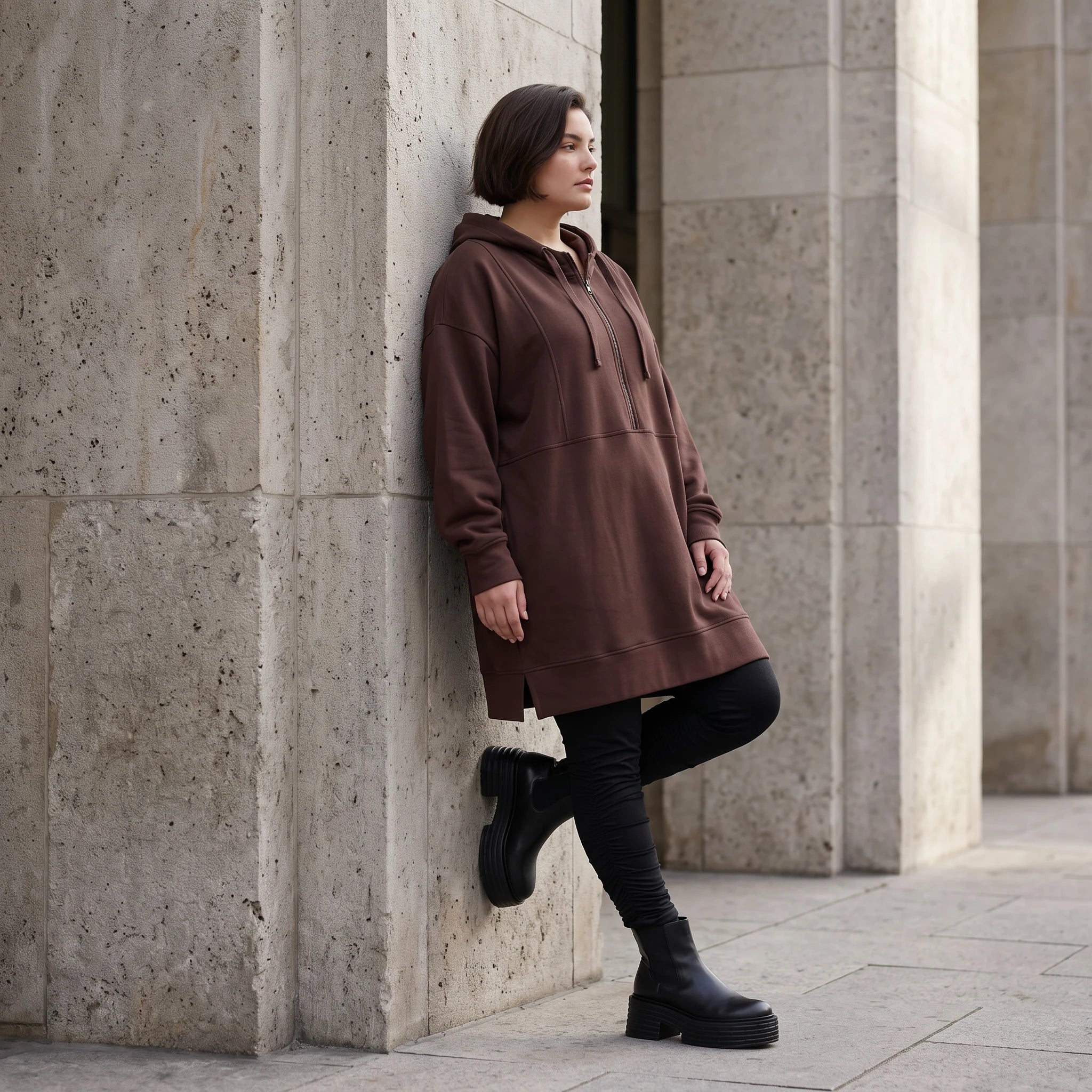 Damen Hoody Avantgarde Baumwolle Braun, gerader Schnitt, Reißverschluss, Oversize große Größen – Rafay