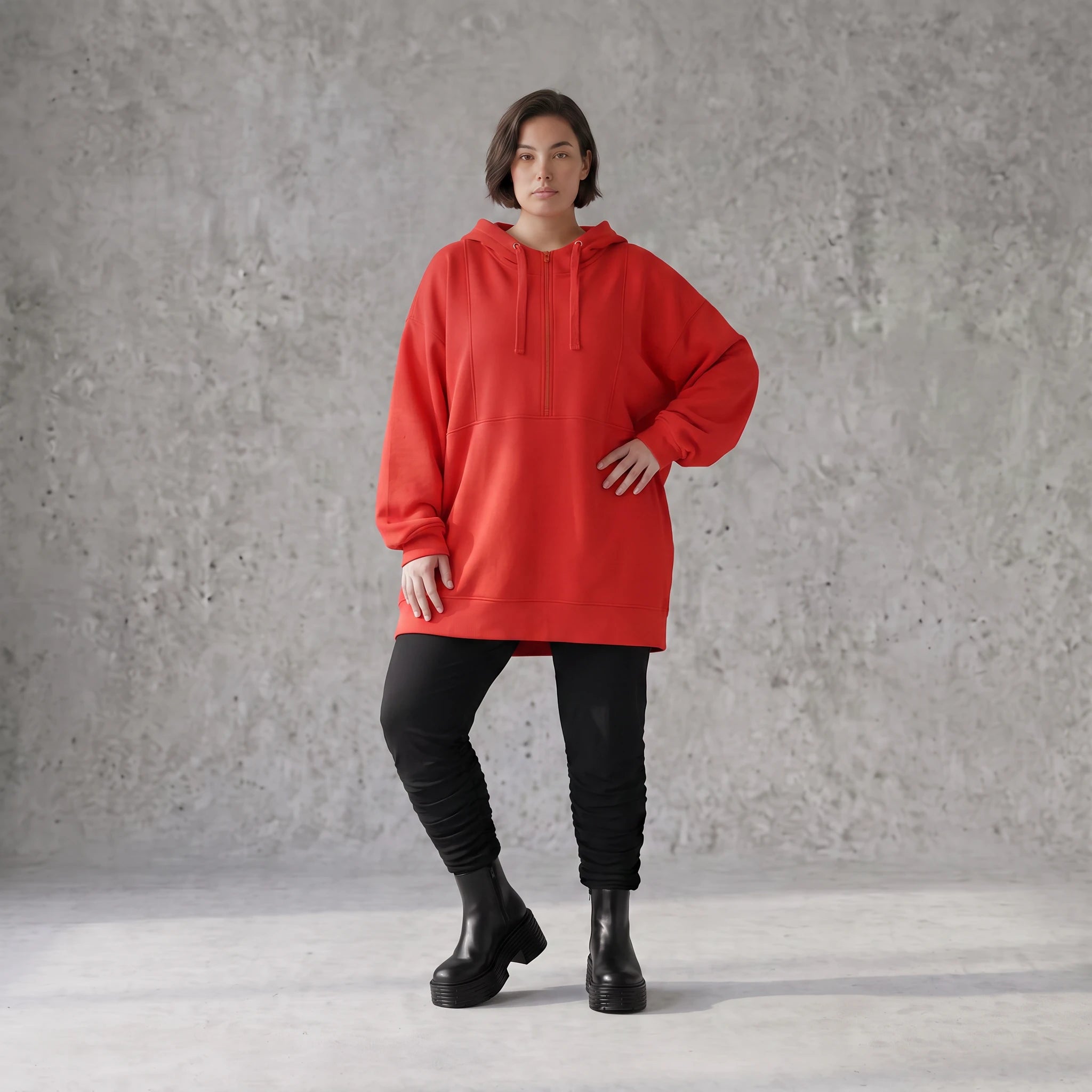 Damen Hoody Avantgarde Baumwolle Rot, gerader Schnitt, Reißverschluss, Oversize große Größen – Rafay