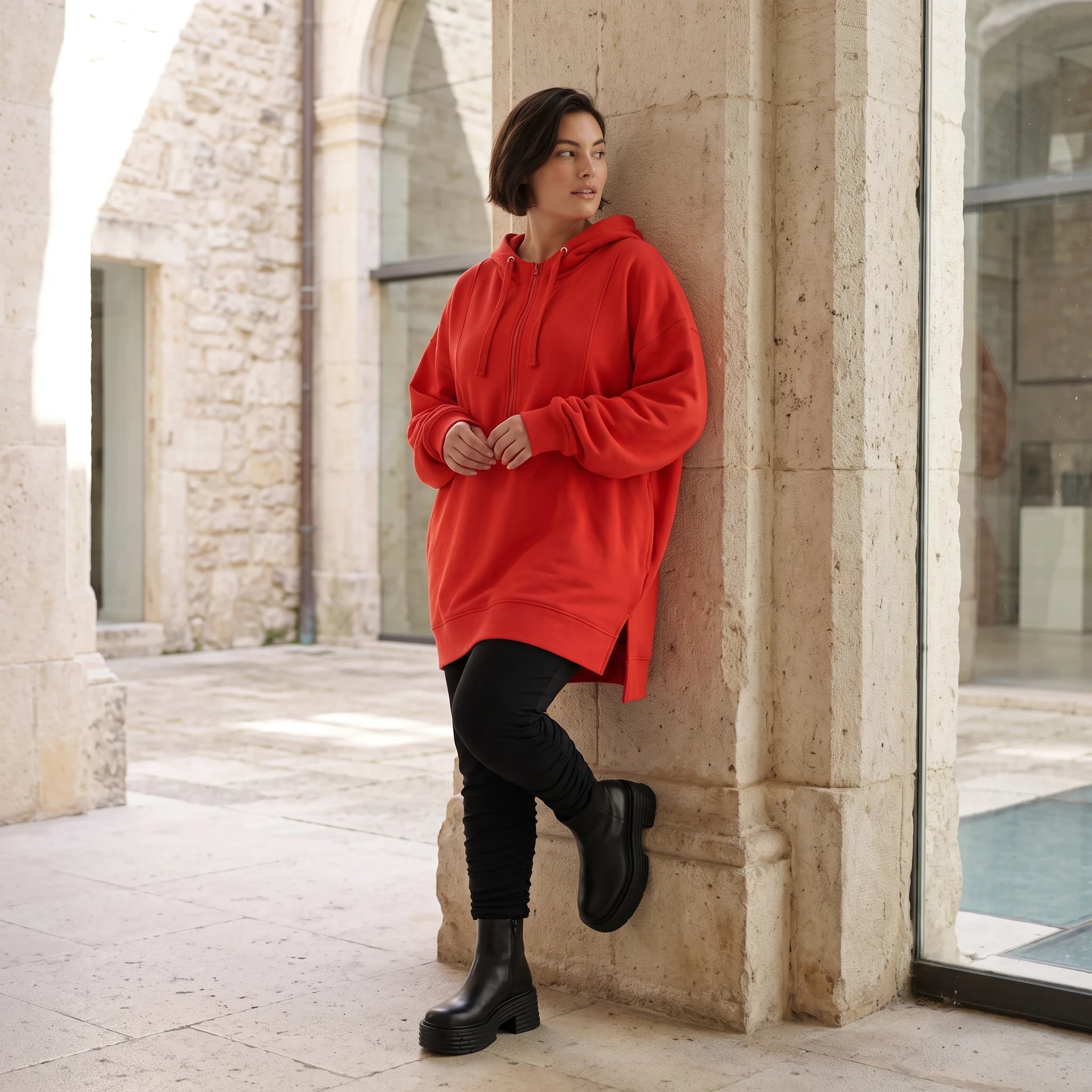 Damen Hoody Avantgarde Baumwolle Rot, gerader Schnitt, Reißverschluss, Oversize große Größen – Rafay