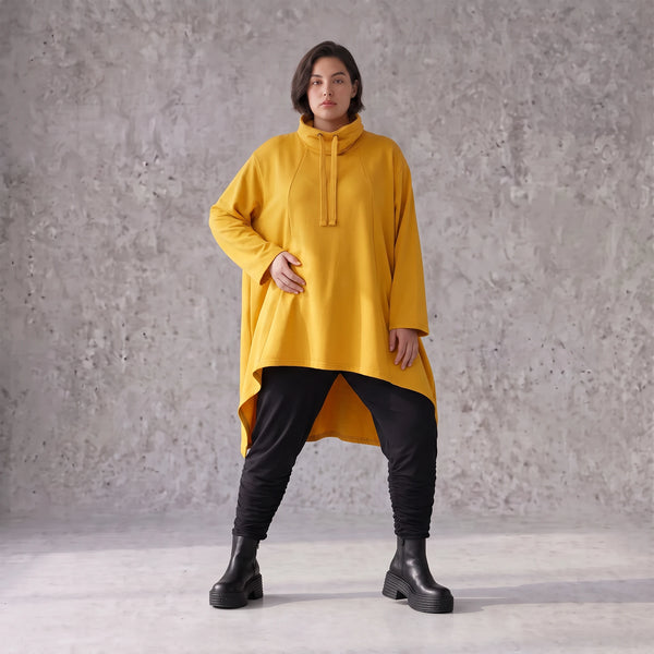 Damen Shirt Avantgarde Baumwolle Senfgelb, Vokuhila-Form, Kapuze, Oversize große Größen – Rafay