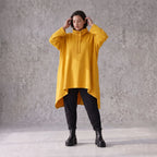 Damen Shirt Avantgarde Baumwolle Senfgelb, Vokuhila-Form, Kapuze, Oversize große Größen – Rafay