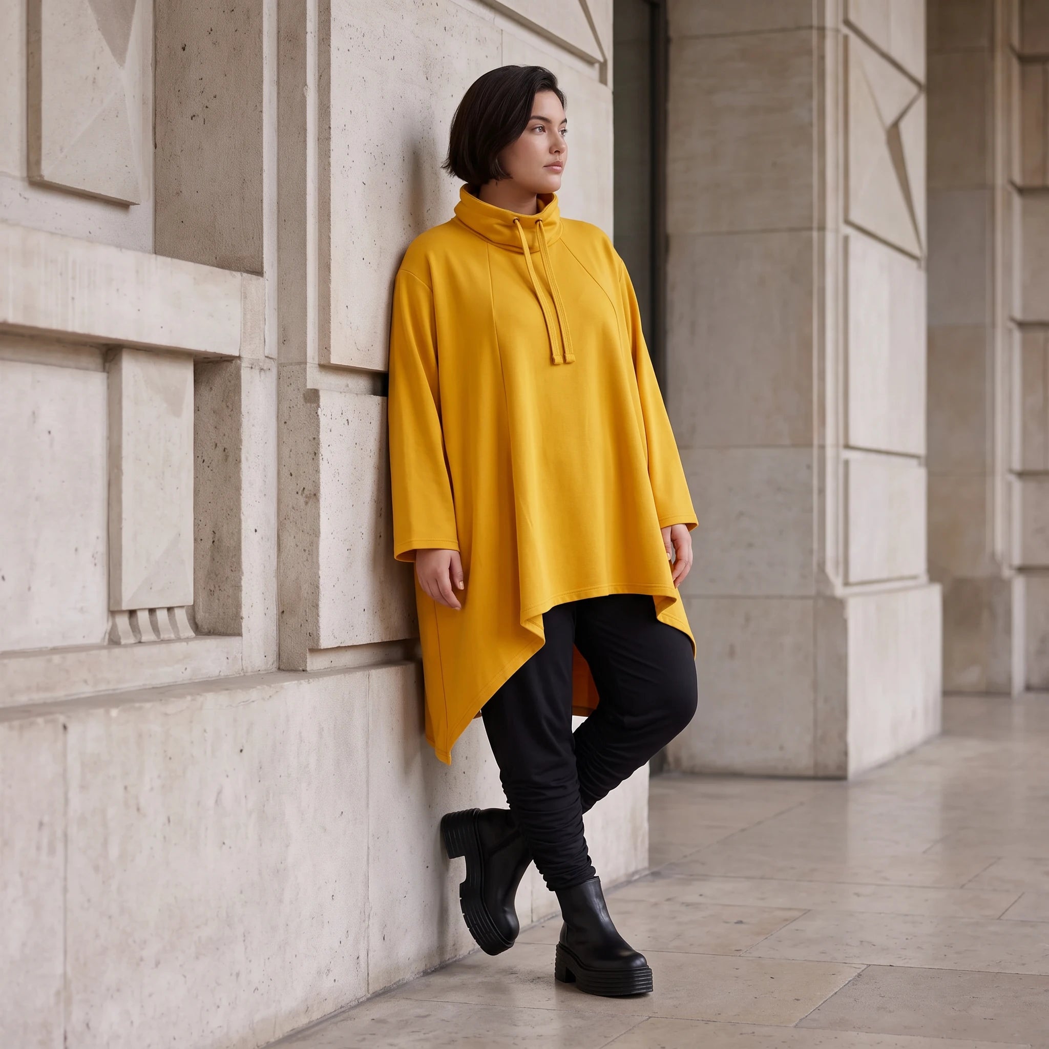 Damen Shirt Avantgarde Baumwolle Senfgelb, Vokuhila-Form, Kapuze, Oversize große Größen – Rafay