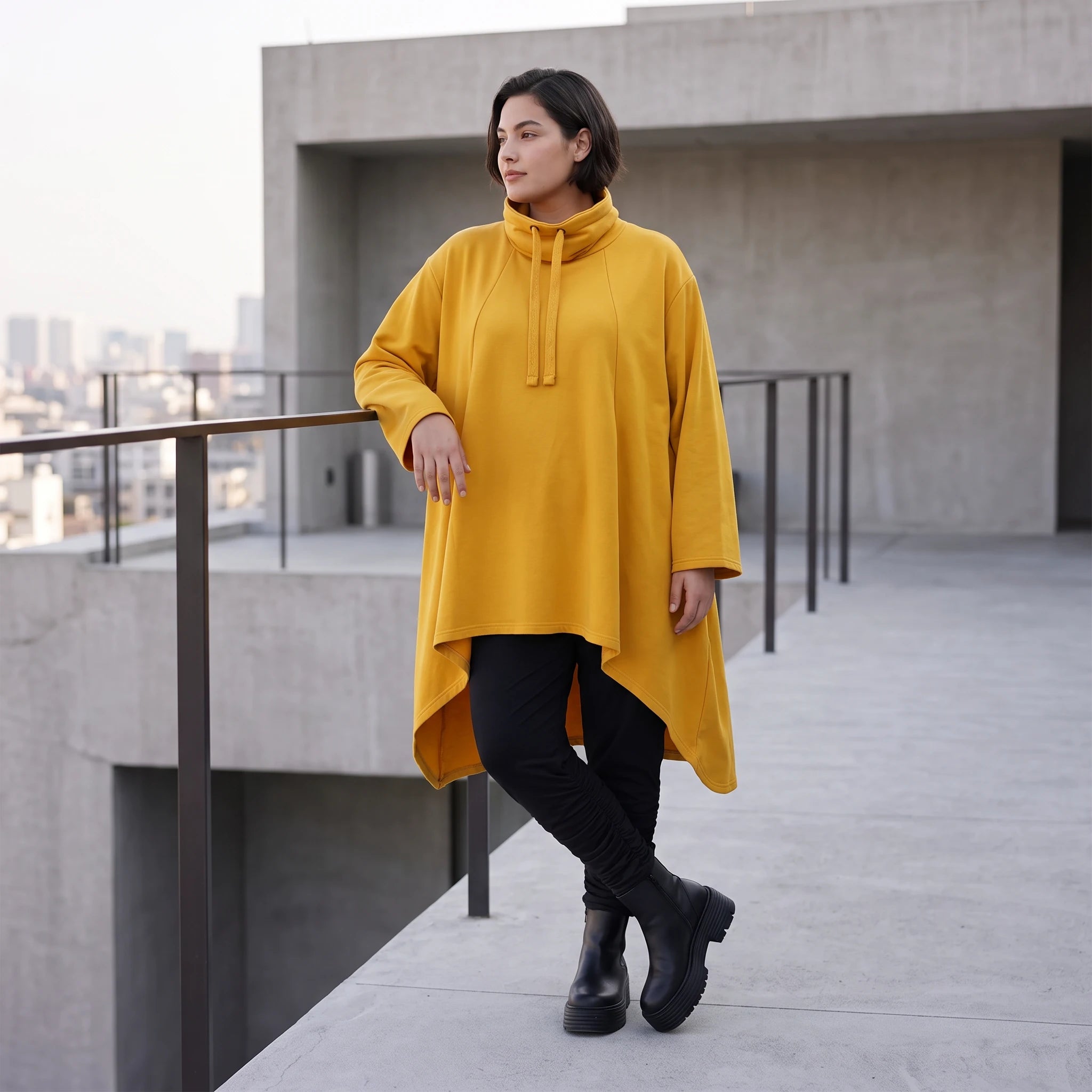 Damen Shirt Avantgarde Baumwolle Senfgelb, Vokuhila-Form, Kapuze, Oversize große Größen – Rafay