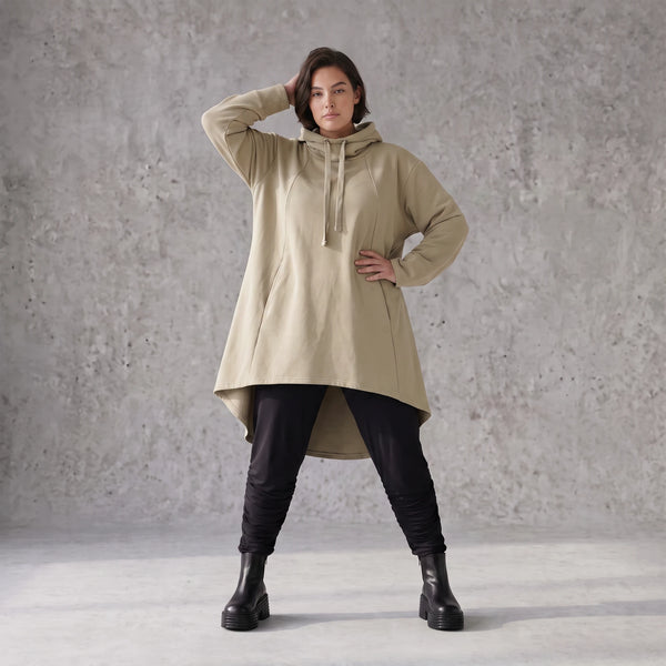 Damen Shirt Avantgarde Baumwolle Beige, Vokuhila-Schnitt, Kapuze, Oversize große Größen – Rafay